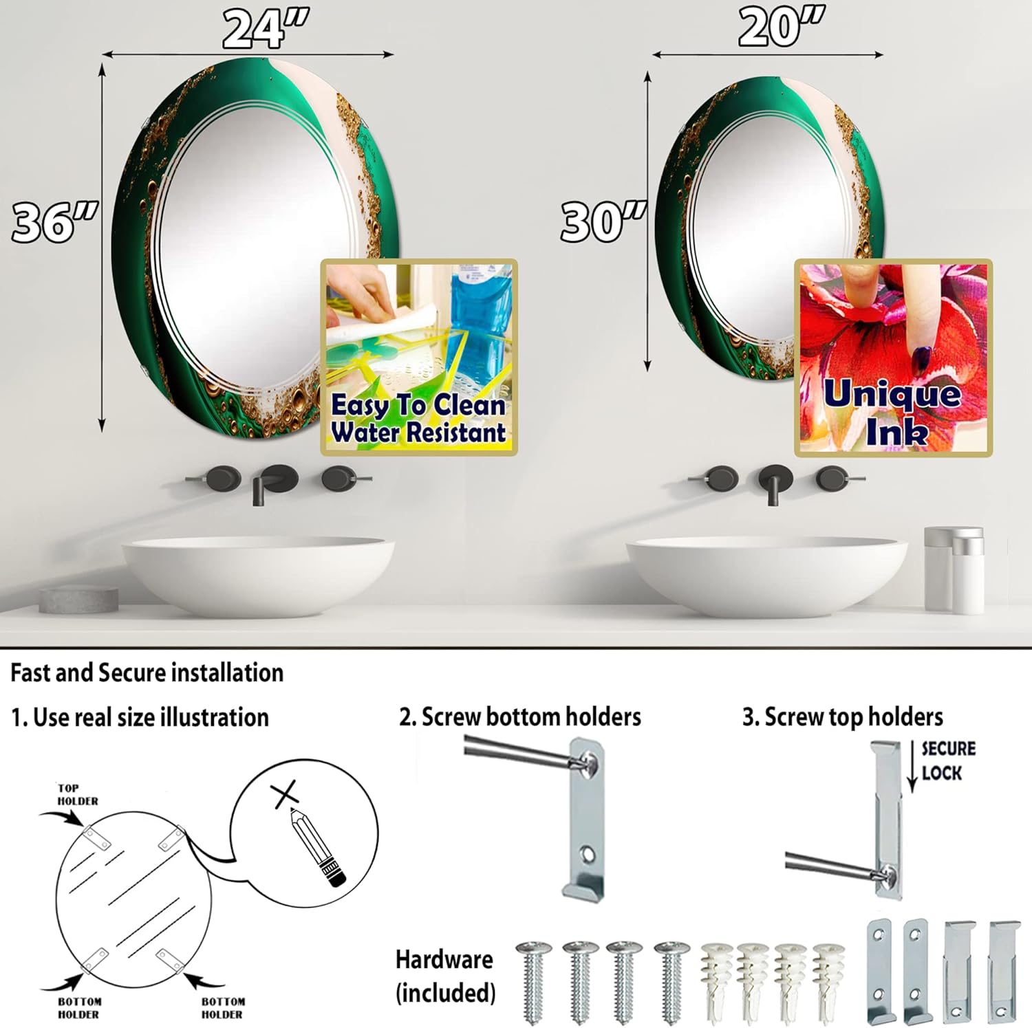 DesignQ Espejo de tocador verde y dorado con ondas estrelladas, espejo de baño, espejos de pared para sala de estar, dormitorio, espejo ovalado,