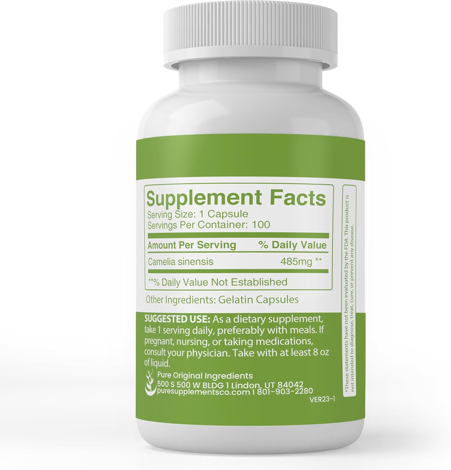 PURE ORIGINAL INGREDIENTS Extracto de té verde, (100 cápsulas) siempre puro, sin aditivos ni rellenos, verificado por laboratorio
