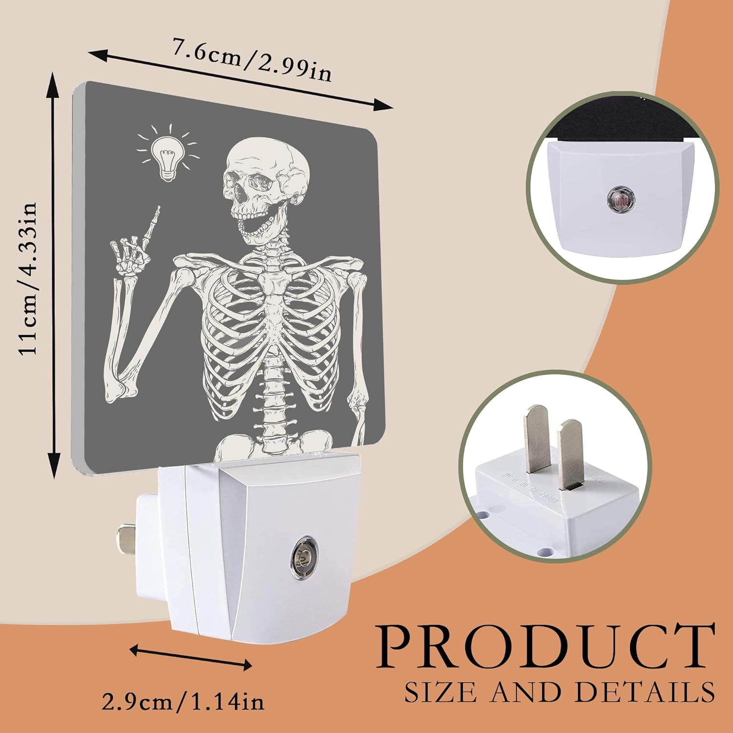 Divertida luz nocturna de calavera para niños, luz nocturna LED de esqueleto bohemio enchufable a la pared con sensor de atardecer a amanecer para
