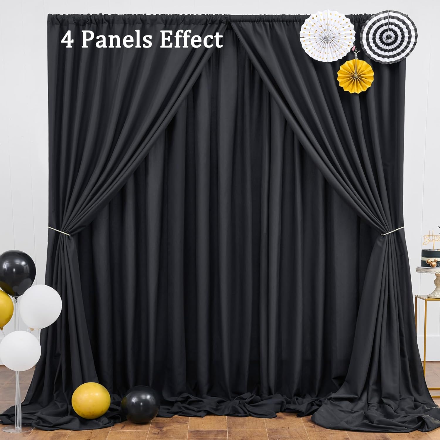 Paneles de cortina tipo telón de fondo negro de 10 x 10 pies para fiestas, cortinas de poliéster grueso para bodas, para cumpleaños, fotografía,