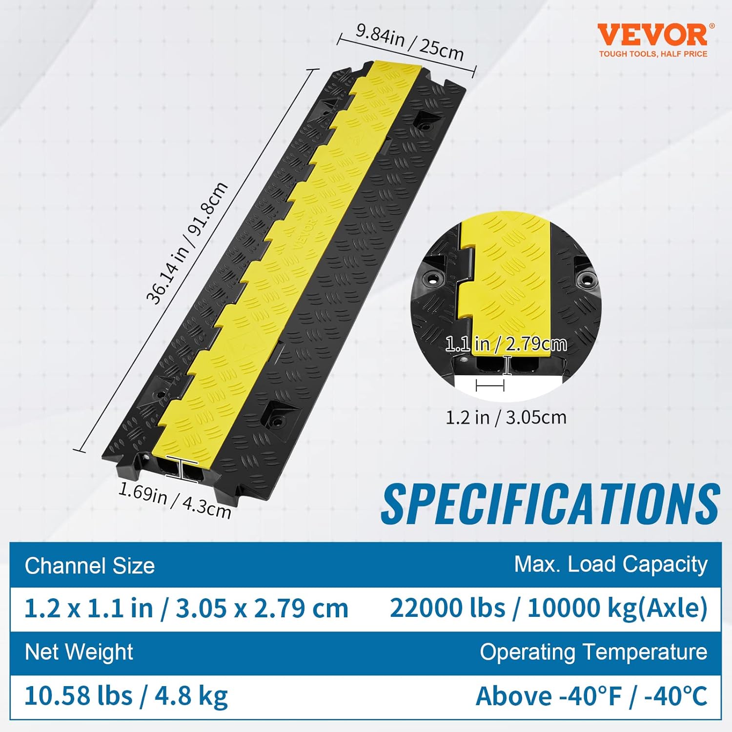 VEVOR Rampa protectora de cable, 2 canales, capacidad de 22000 libraseje, cubierta de cable de poliuretano termoplástico resistente, protector de