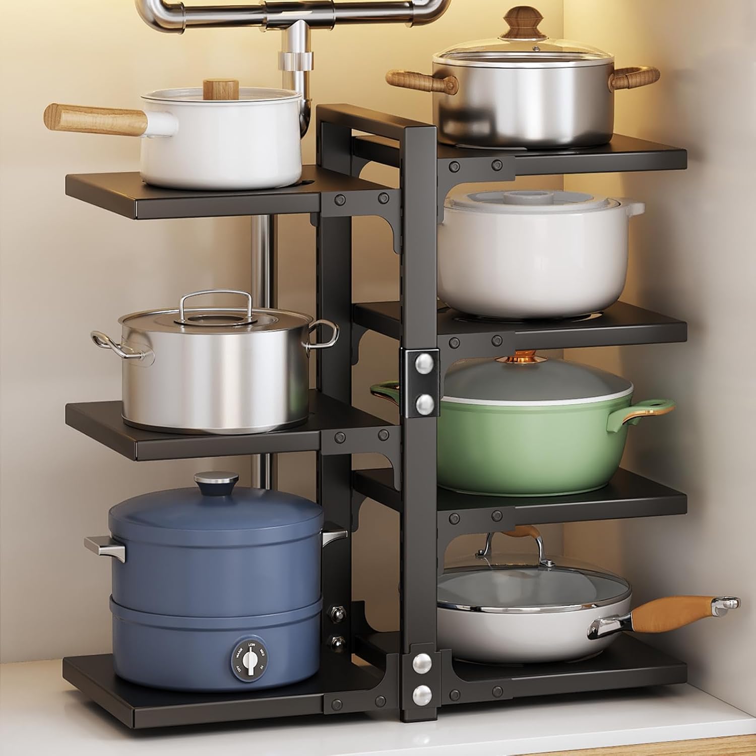 Organizador de sartenes ajustable de 7 niveles para gabinete, múltiples modos de uso, estante para ollas y sartenes para encimera de cocina y