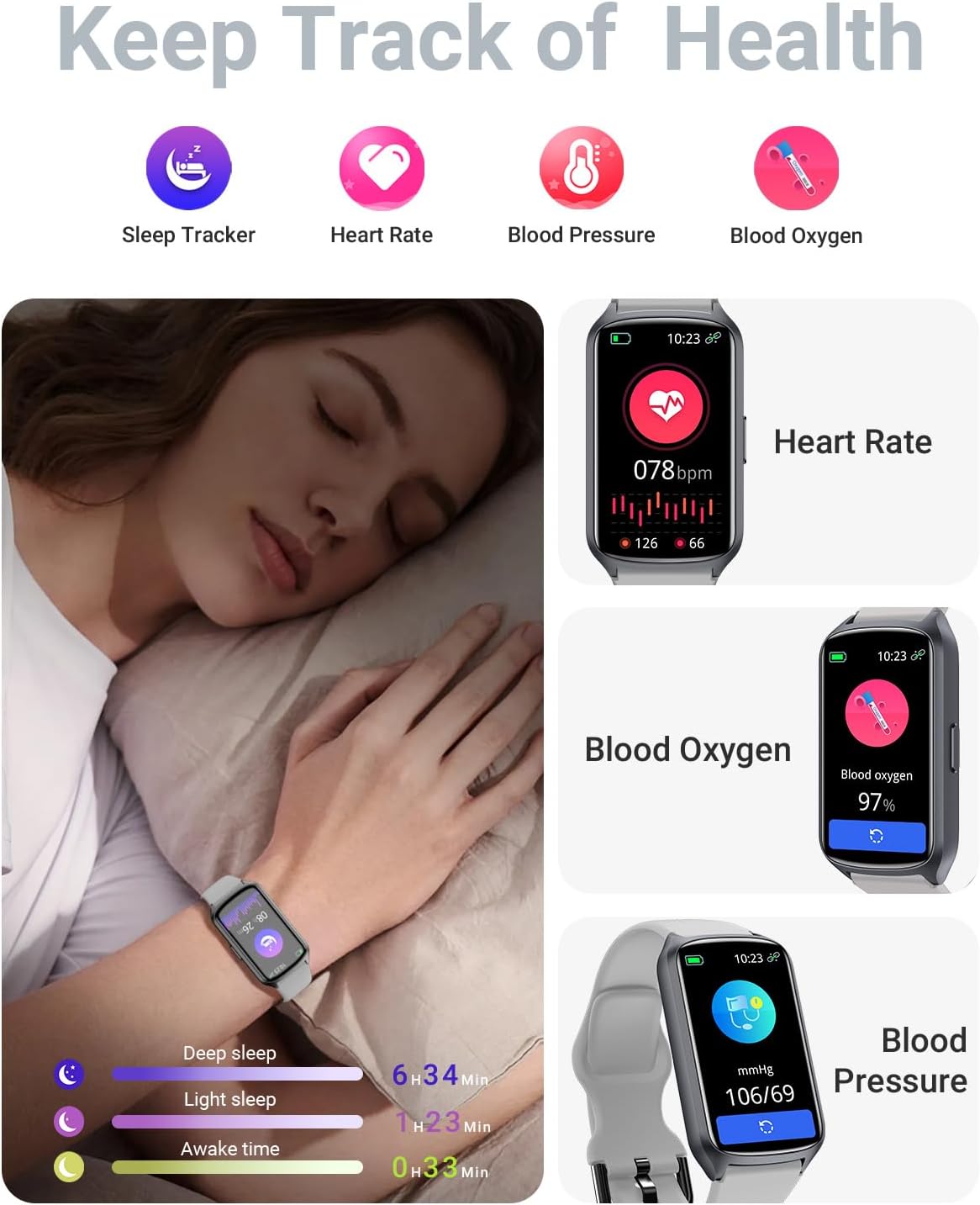 Rastreador de fitness con frecuencia cardíaca 247, oxígeno en sangre, presión arterial, monitor de sueño y estrés, rastreador de actividad
