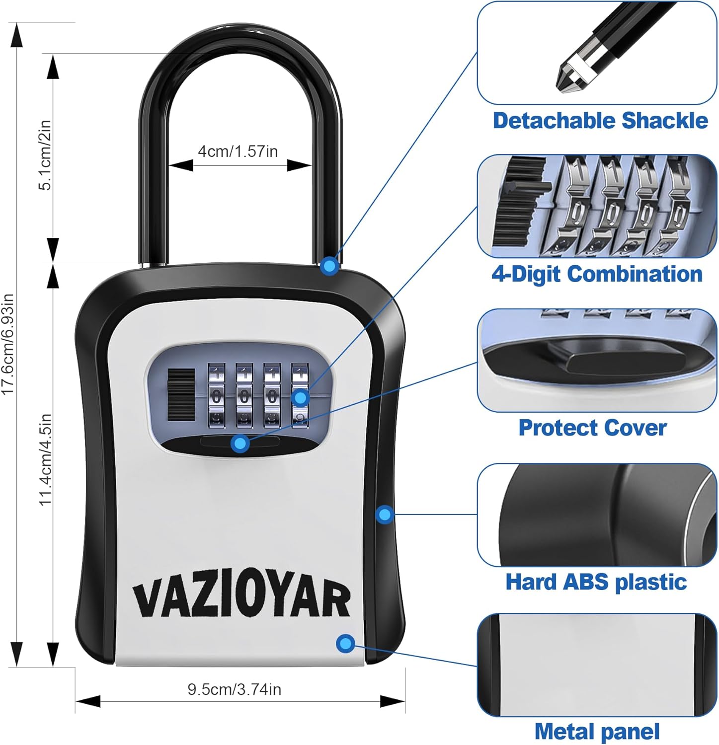 Key Lock Box for Outside, Portable Waterproof Wall Mounted Resettable 4-Digit Combination Key Storage Lockbox, 5 Keys Capacity Key Safe Lock Box for