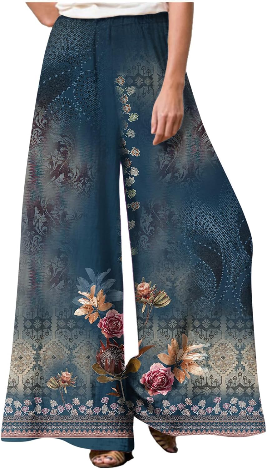 Pantalones florales pierna ancha Mujer Cintura alta Cintura elástica Pantalones Largos Pantalones Calle de ocio