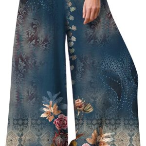 Pantalones florales pierna ancha Mujer Cintura alta Cintura elástica Pantalones Largos Pantalones Calle de ocio Pantalones florales pierna ancha Mujer Cintura alta Cintura elástica Pantalones Largos Pantalones Calle de ocio