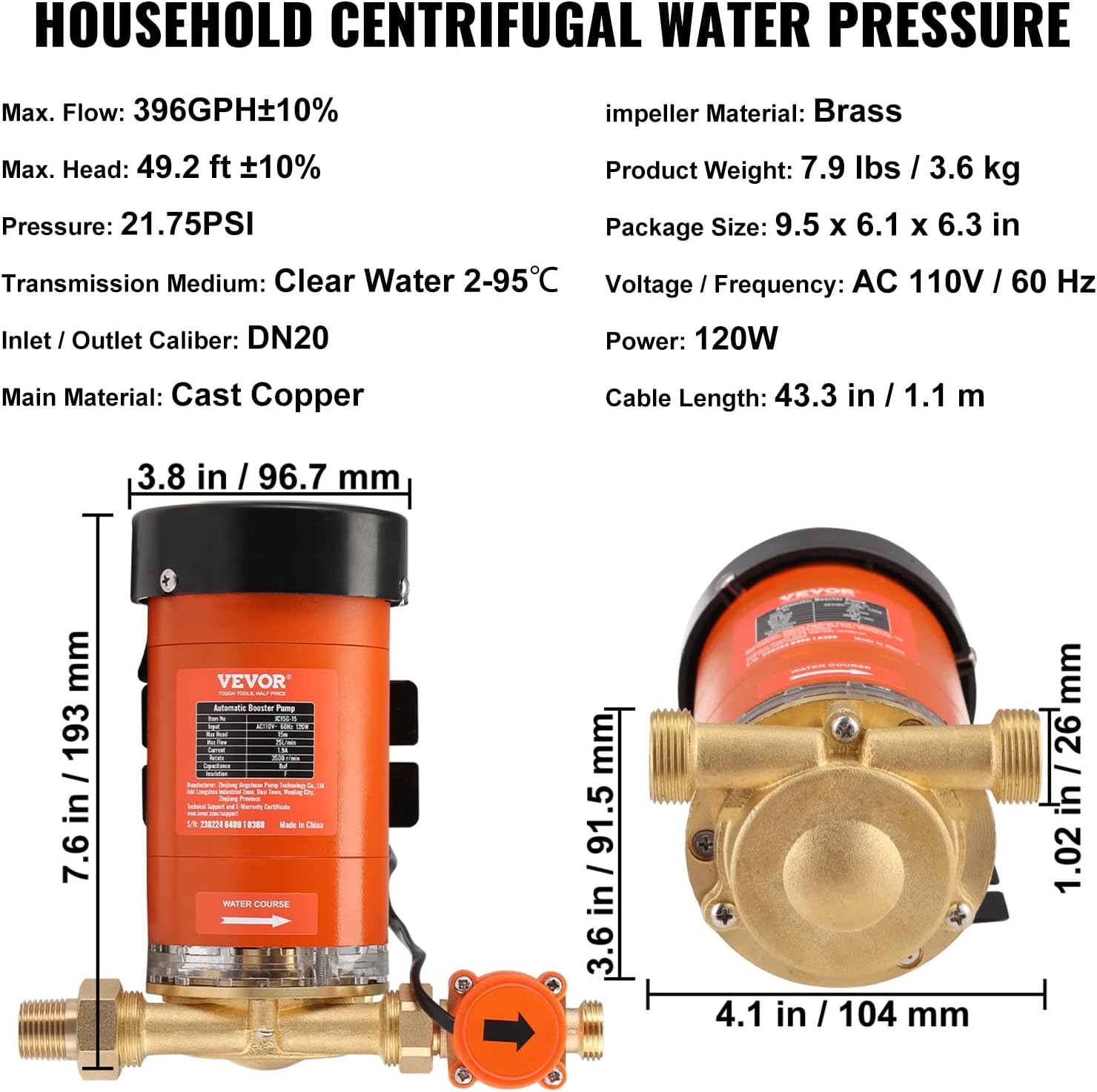 VEVOR Bomba de presión de agua de 120 W, 110 V CA, 396 GPH 21.75 PSI, bomba de presión automática para el hogar, flujo máximo de 25 Lmin con