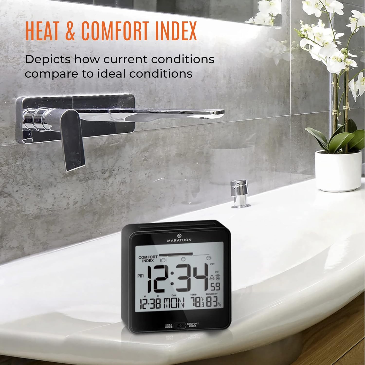 Reloj de mesa de noche Marathon, automático con luz, con índice de calor y comodidad, incluye baterías Negro
