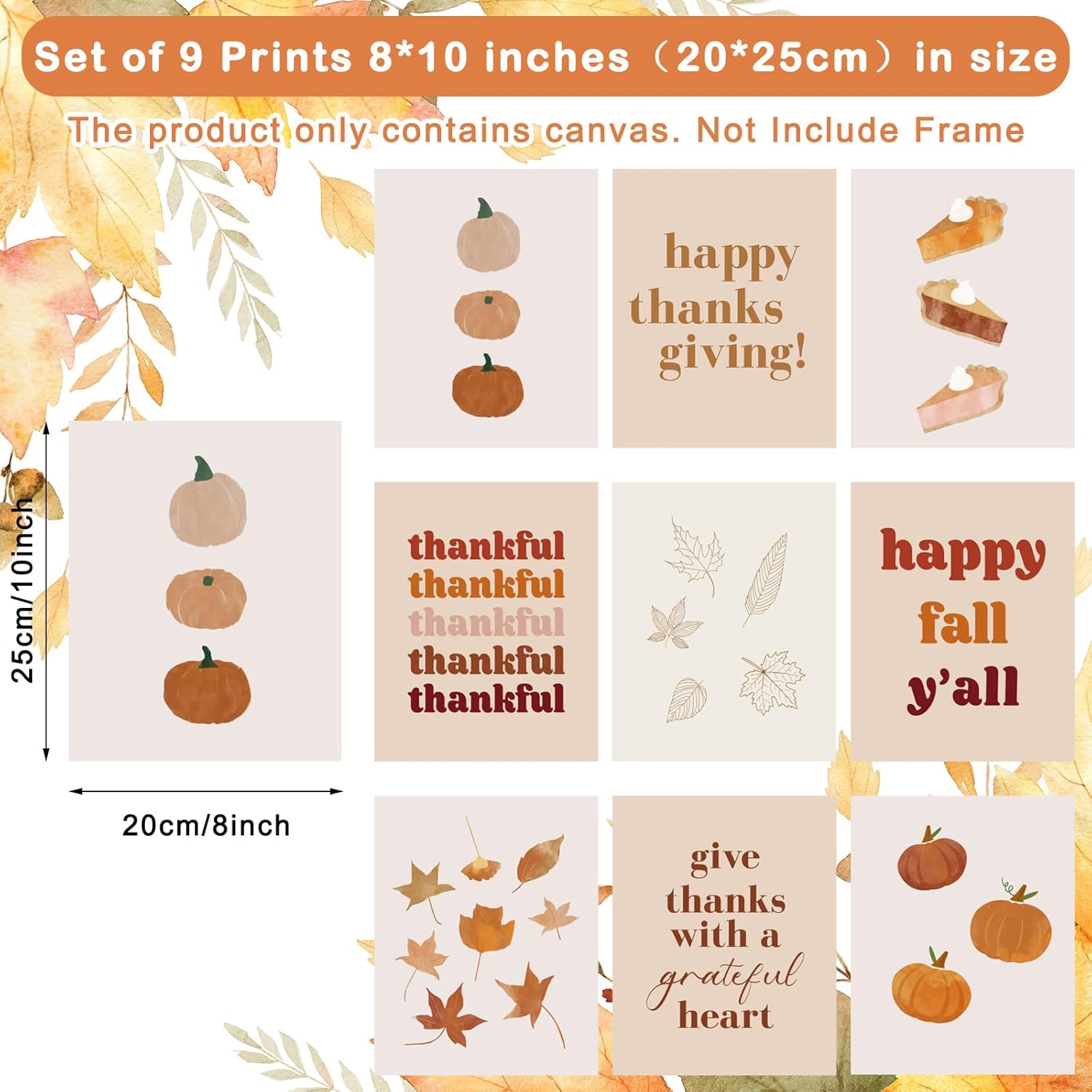 AnyDesign 9 piezas de arte de pared boho con temática de otoño, feliz otoño, Acción de Gracias, pósteres de arte en papel, pastel, calabaza, hojas