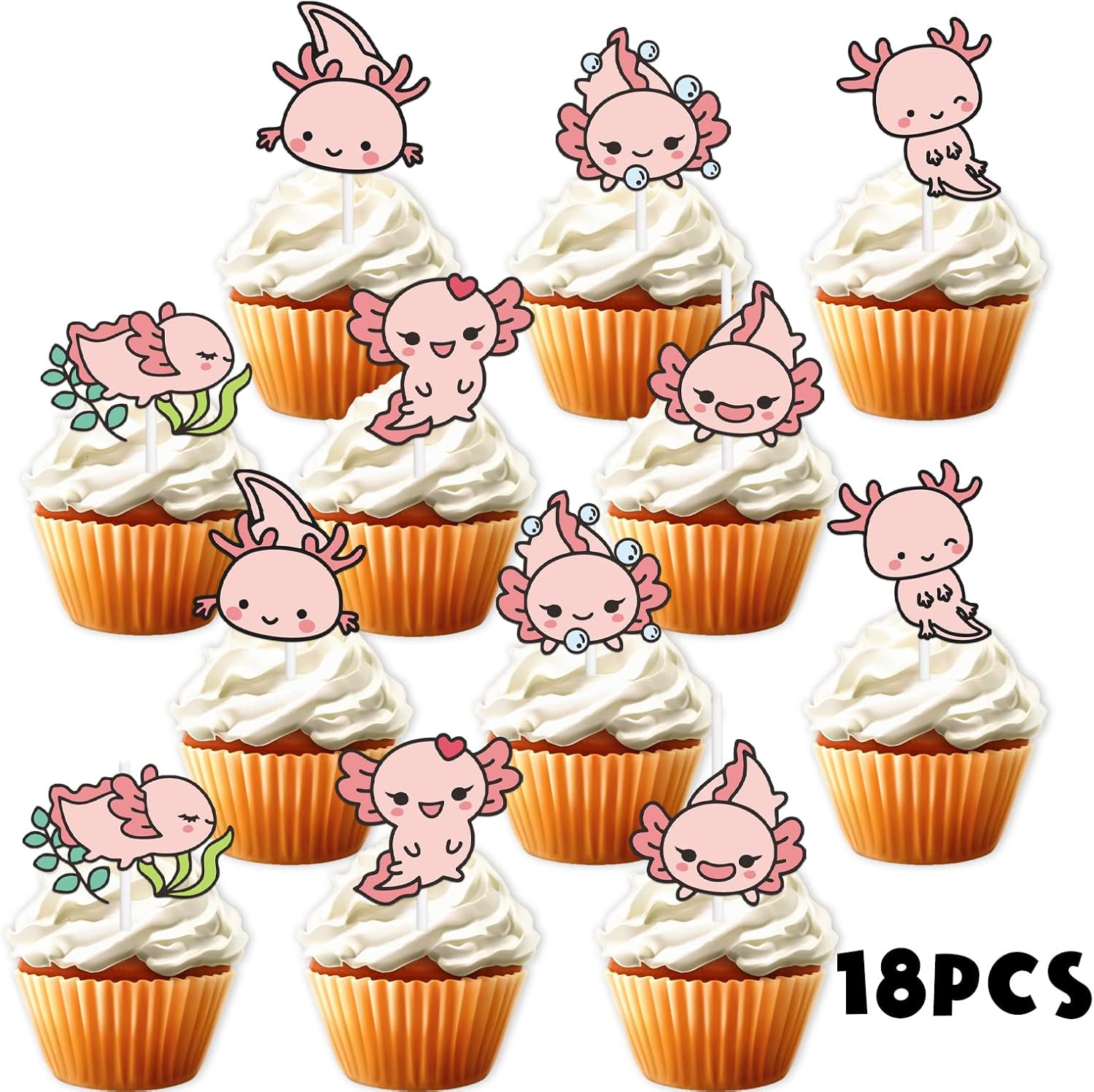 18 piezas de decoración de postre de ajolote rosa con purpurina, diseño de animales de dibujos animados, baby shower, niñas y niños, decoración de