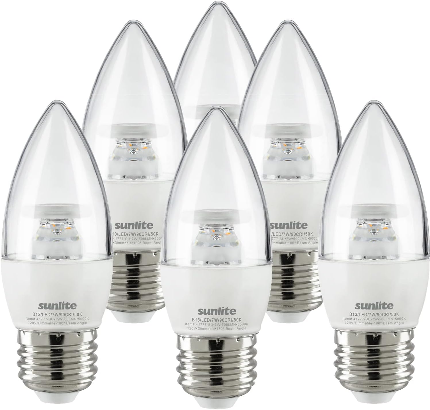 Sunlite 41777 Bombilla LED B13 decorativa para araña, 7 vatios (60 W  ), 500 lúmenes, 120 voltios, regulable, base E26, Energy Star, 90 CRI,