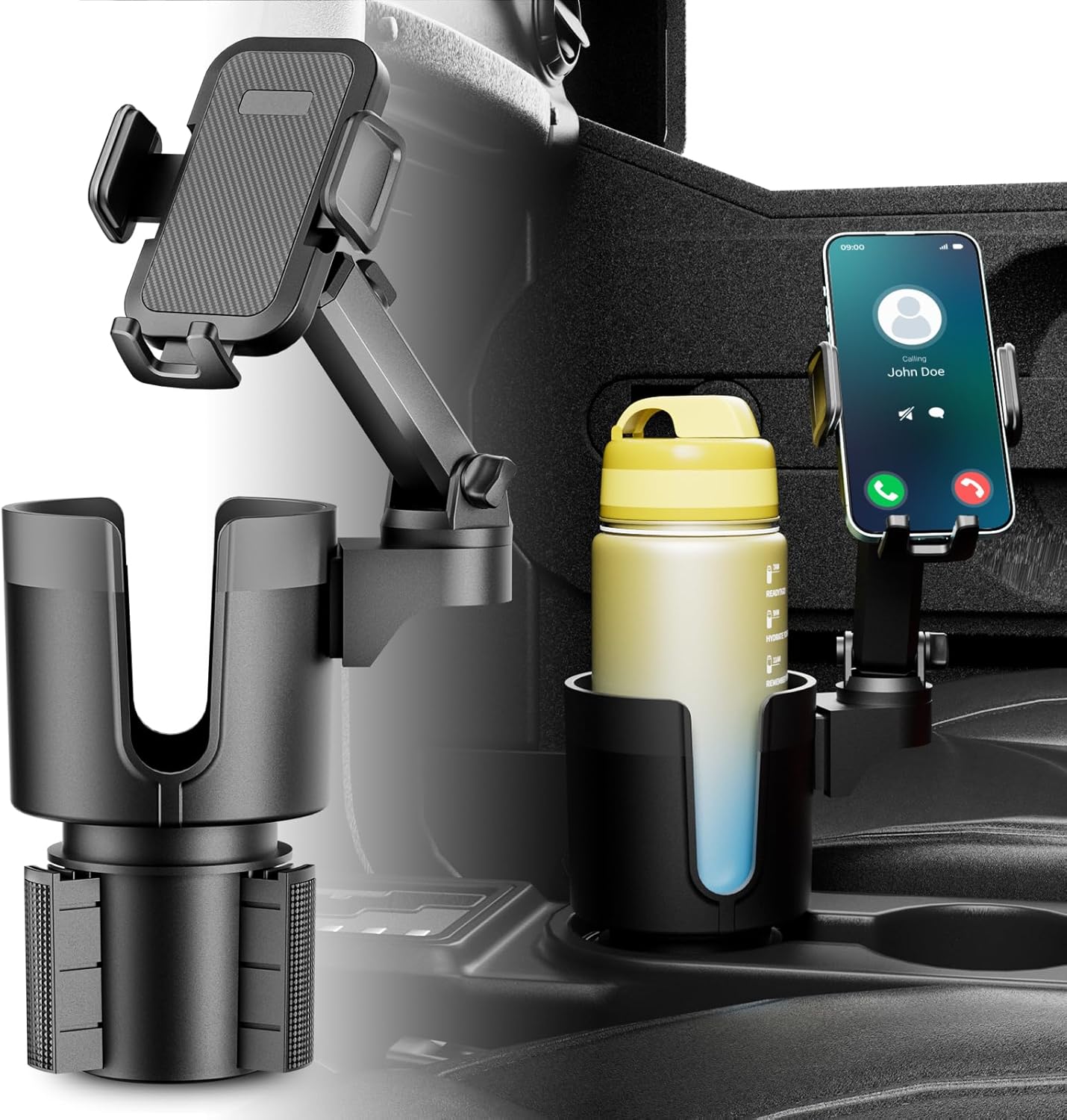 Soporte de teléfono para automóvil, expansor de portavasos 2 en 1 para automóvil con rotación de 360 soporte de teléfono celular de brazo largo para