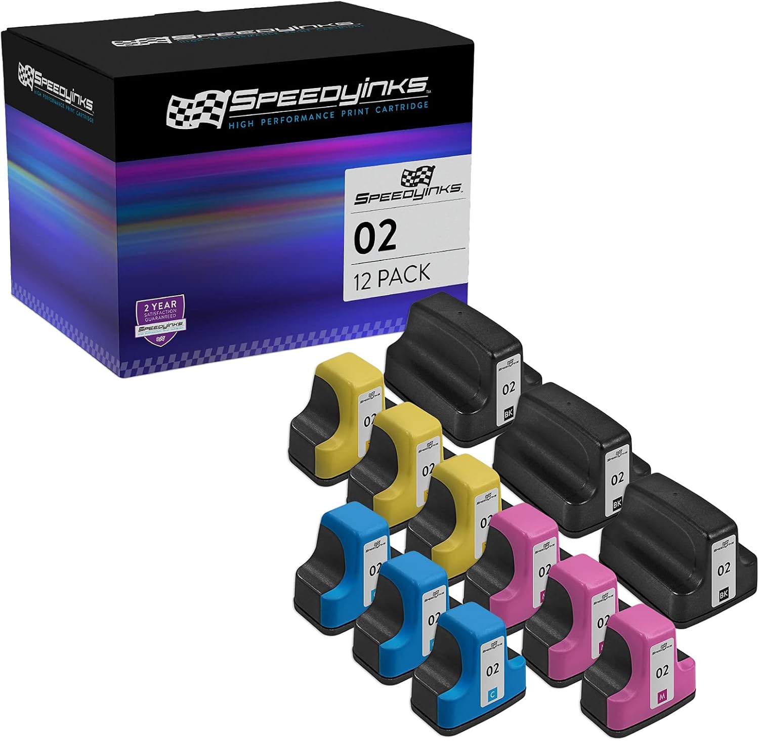 SPEEDYINKS Repuesto remanufacturado para cartuchos de tinta HP 02 con chip inteligente (3 negros, 3 cian, 3 magenta, 3 amarillos, paquete de 12)