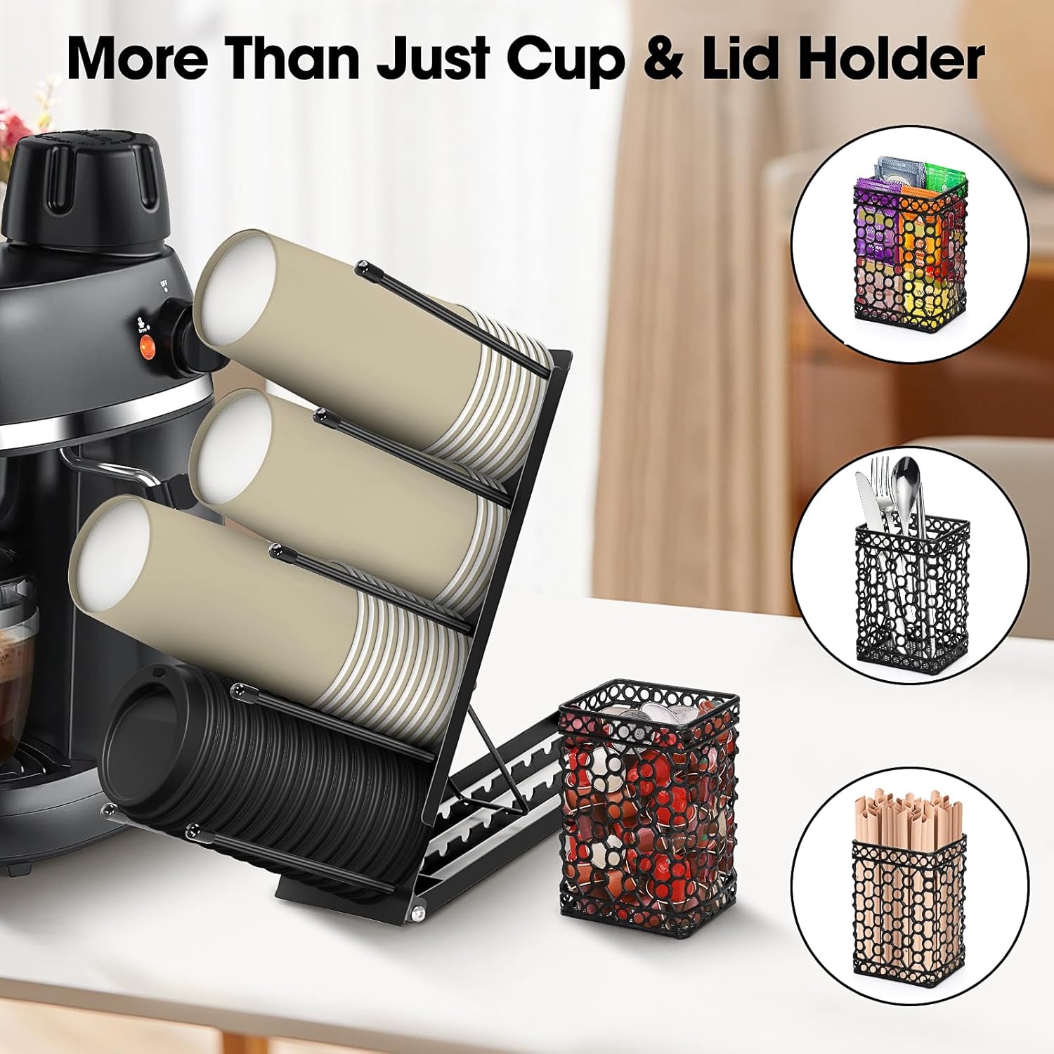 ShineMe Soporte desechable para tazas y tapas con organizador de pajita, dispensador de taza de café de metal, 4 compartimentos ajustables de