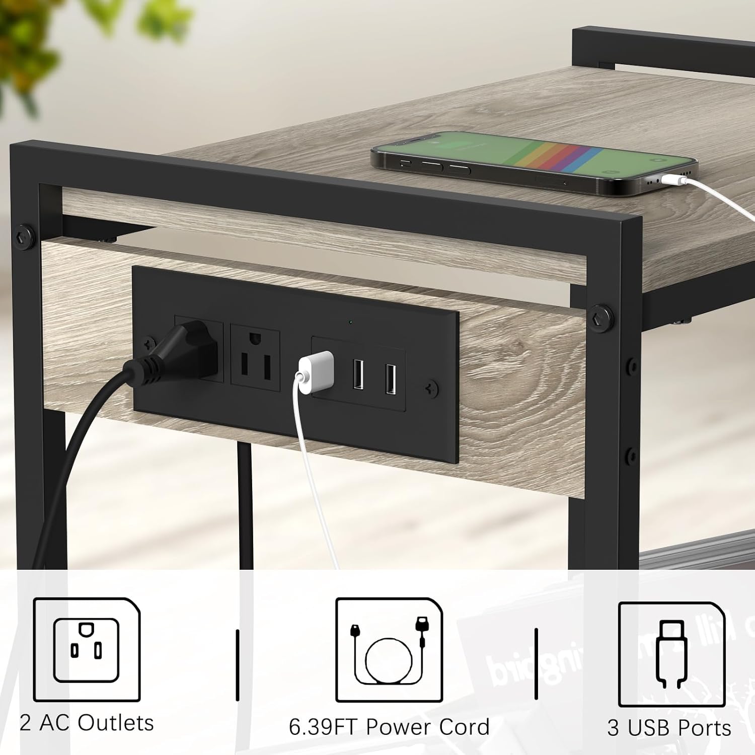 NOVIMANGO Soporte para tocadiscos, mesa auxiliar gris con estación de carga, soporte giratorio con almacenamiento de discos de vinilo, mesa auxiliar