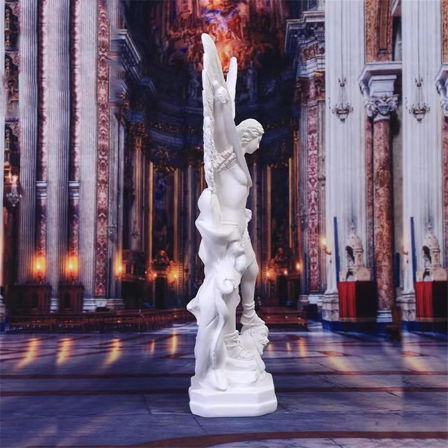 Estatua de ángel blanco puro, resina de 12 pulgadas, figura de demonio matador de arcángel de San Miguel, adornos de ángel católico de la justicia