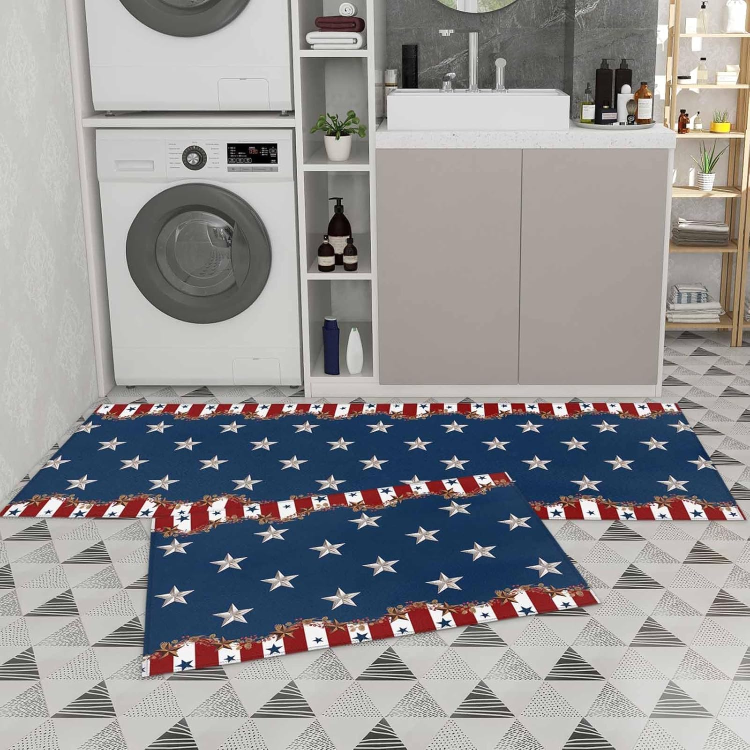 T&H XHome Alfombras y tapetes de cocina para el 4 de julio, Día de la Independencia, bandera de Estados Unidos azul y rojo, estrellas vintage con