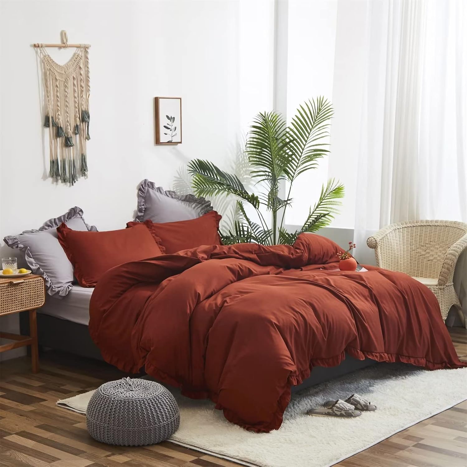 Houseri Juego de edredón de color naranja quemado con volantes, tamaño King, ropa de cama bohemia de color óxido, color naranja caramelo, terracota