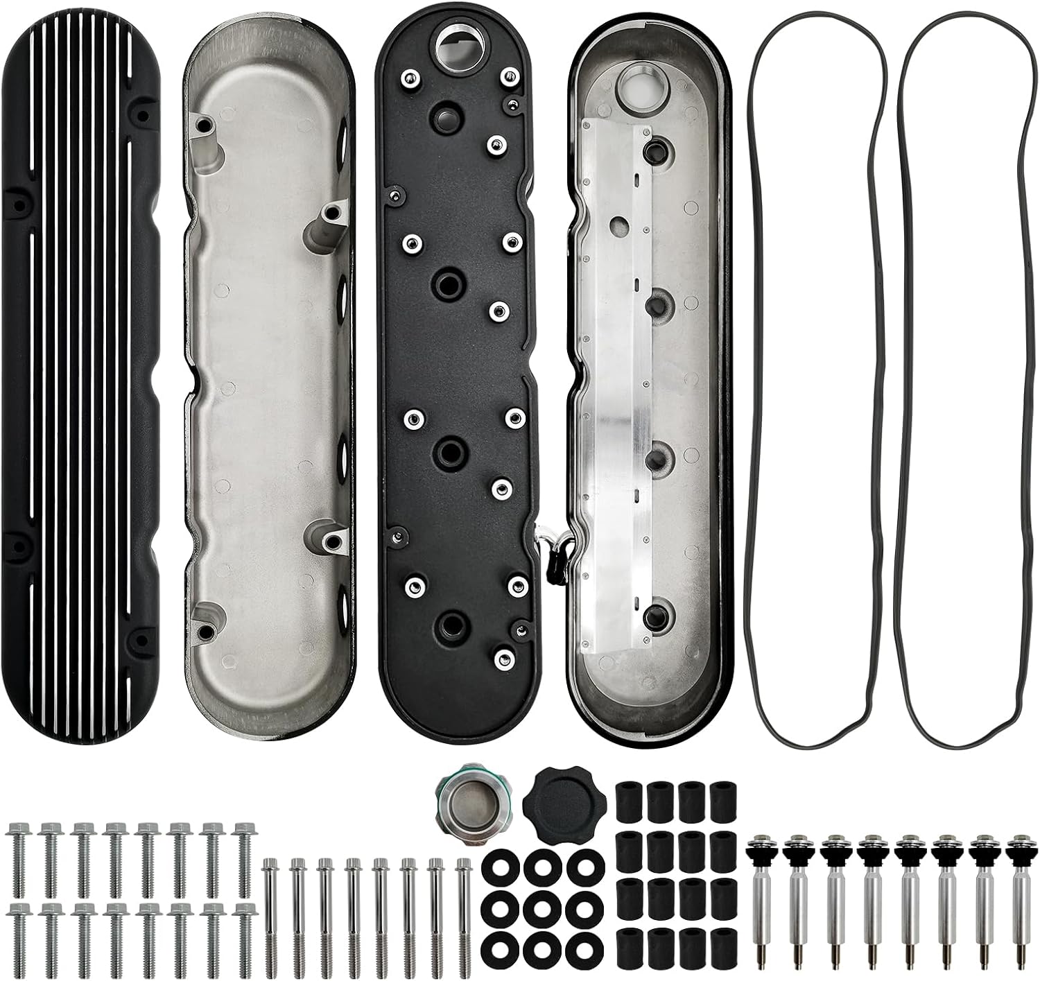 Cubiertas de válvula de aluminio con aletas negras con soportes de bobina y cubierta compatibles con LS1 LS2 LS3 LS6 LS7 Chevy Small Block V8 293