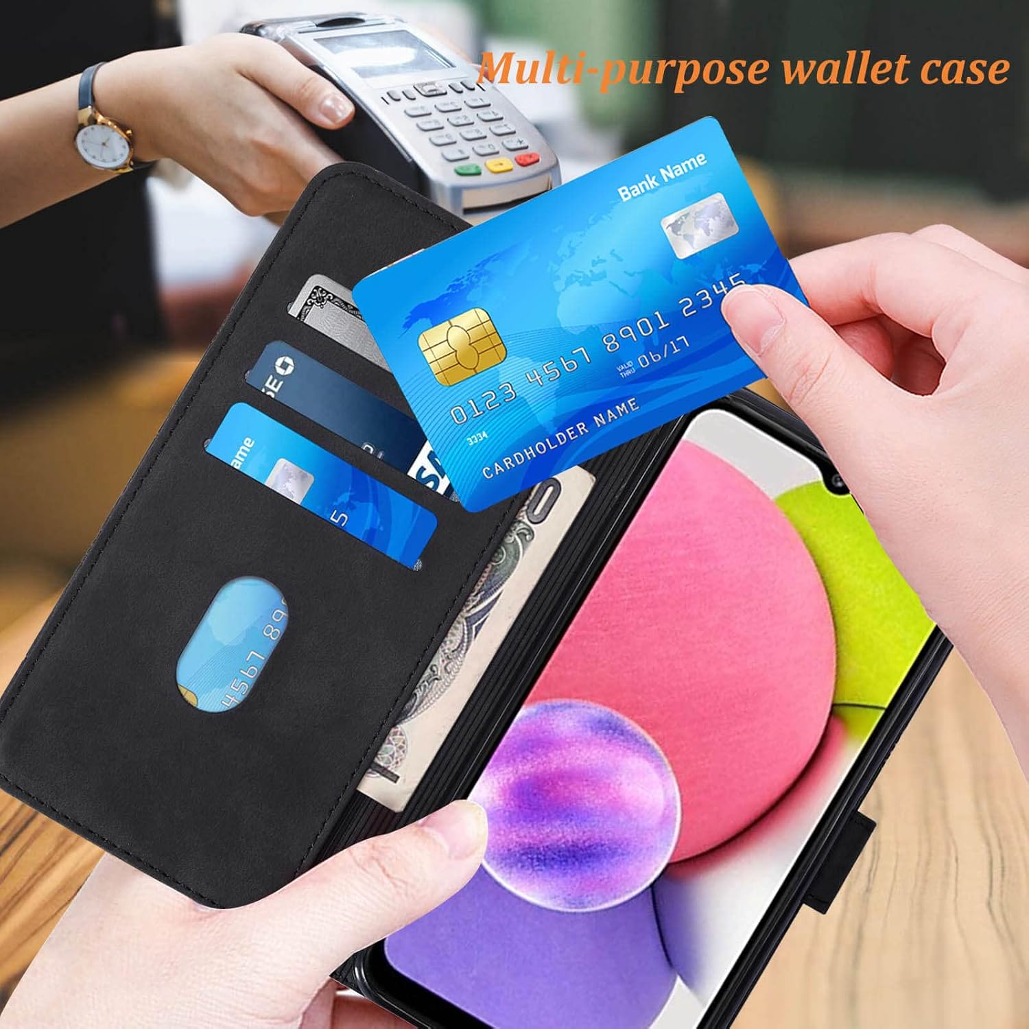 Funda A03s, funda para Galaxy A03s, función atril, correa de muñeca, ranuras para tarjetero, funda protectora interior de TPU para Samsung A03s,