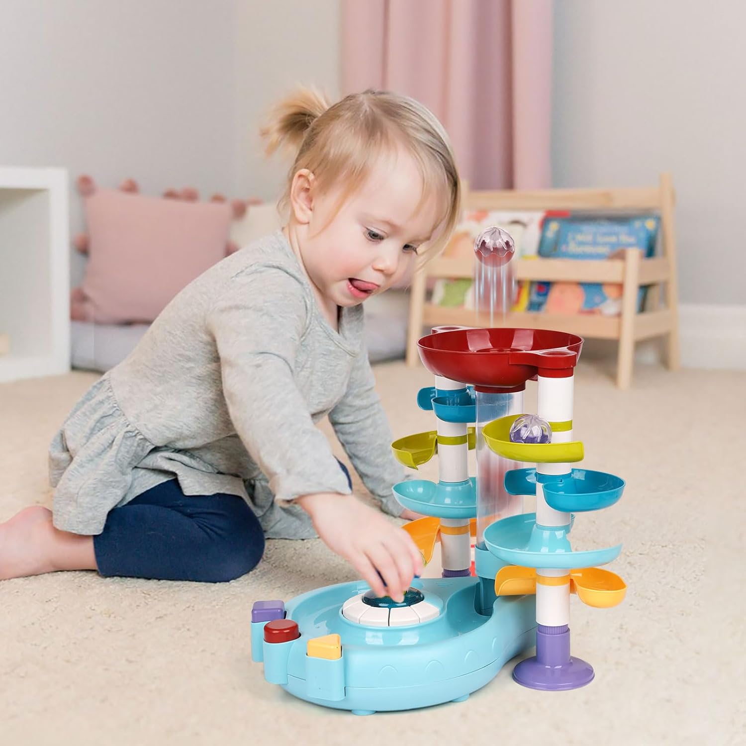 Torre giratoria de bola de 4 capas para bebés y niños pequeños, juguete de bola ocupada con iluminación musical, rampa de carreras de bolas para el
