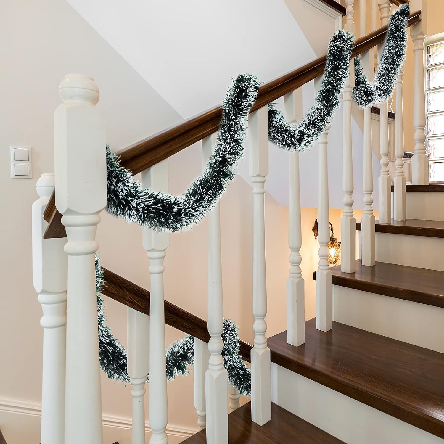Waydress 2 guirnaldas de oropel verde oscuro para decoración de árbol de Navidad, guirnalda metálica de nieve blanca, serpentinas colgantes para
