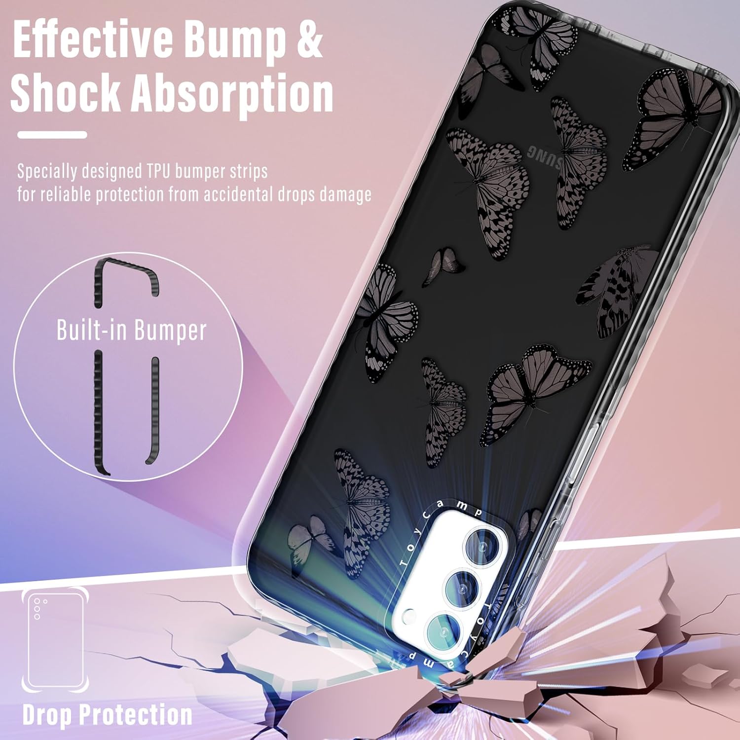 Toycamp Funda para Samsung Galaxy A03S con soporte de anillo, diseño de insectos de dibujos animados de mariposas para mujeres, niñas, niños,