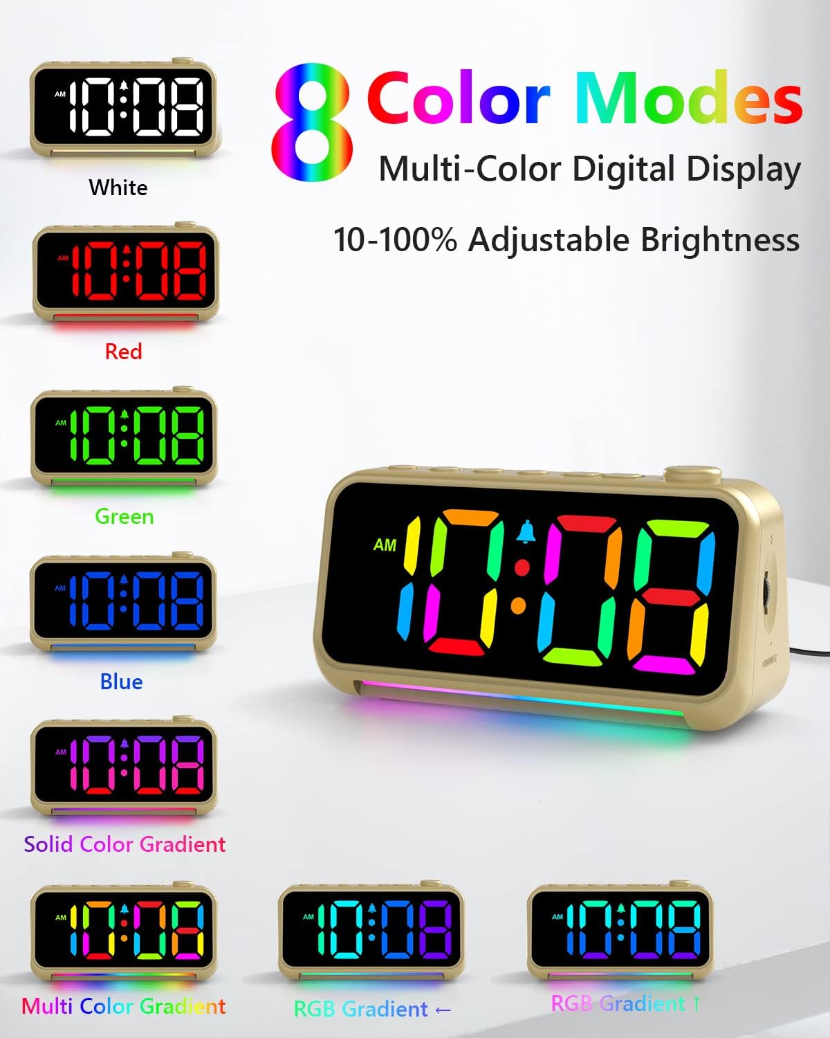 Reloj despertador con pantalla digital LED, puerto de carga USB de luz RGB extra fuerte, relojes de escritorio pequeños para personas que duermen