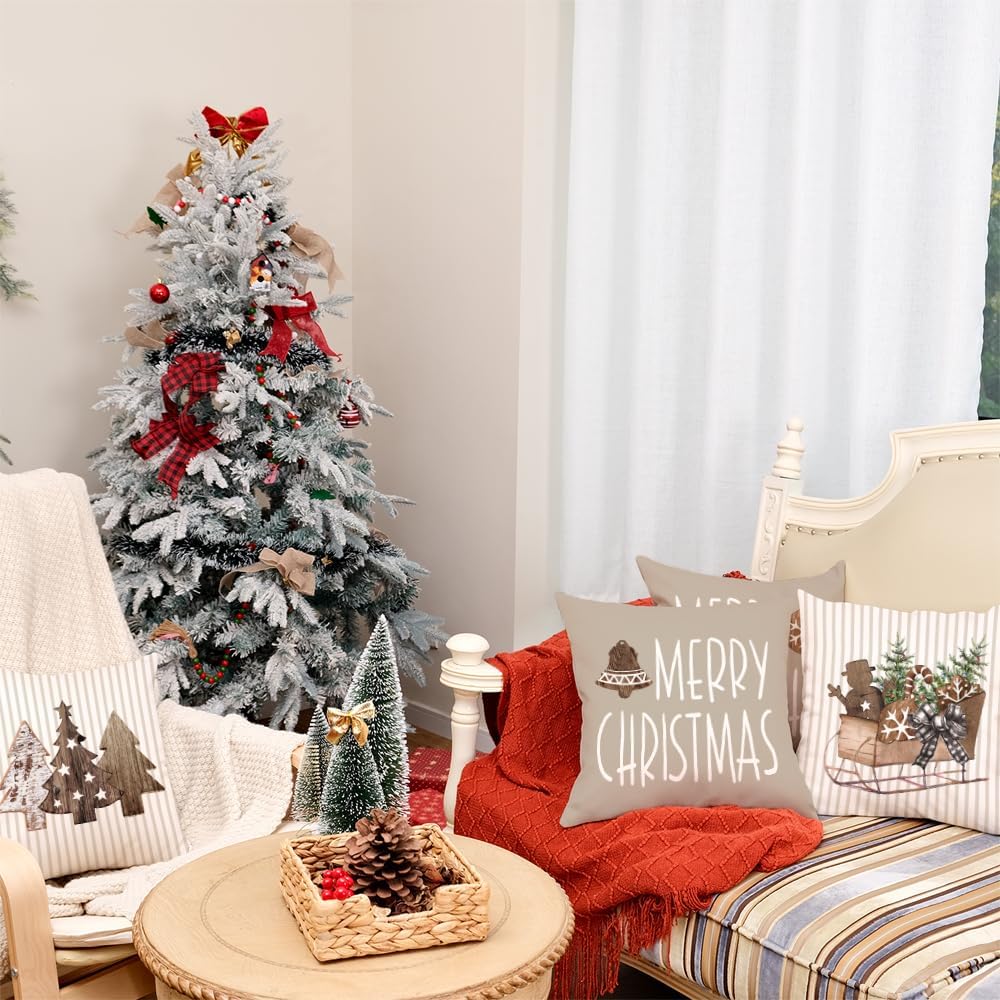 Juego de 4 fundas de almohada de Navidad de 18 x 18 pulgadas, diseño de árbol de madera a rayas, trineo de nieve, decoración de Navidad, decoración