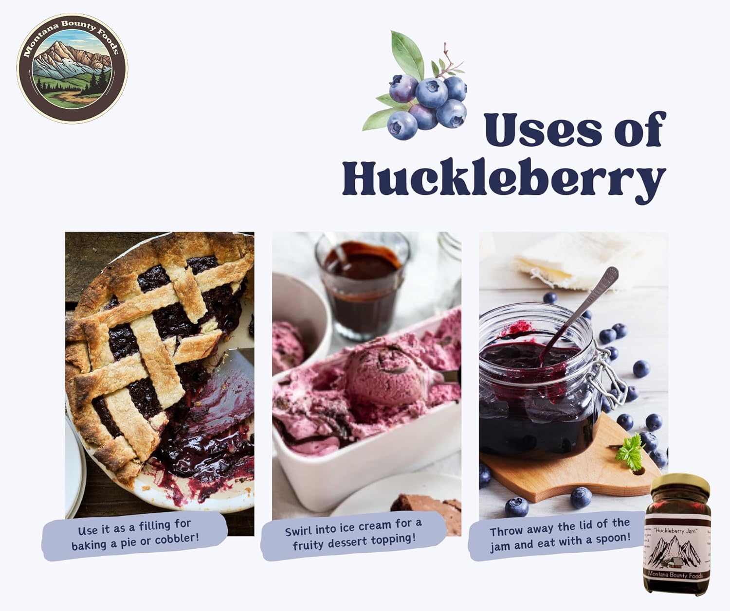 Bounty Foods Huckleberry Jam – Fruta silvestre recogida a mano de 9 onzas cultivada en bayas de Montana  desayuno, postres, coberturas, rellenos de