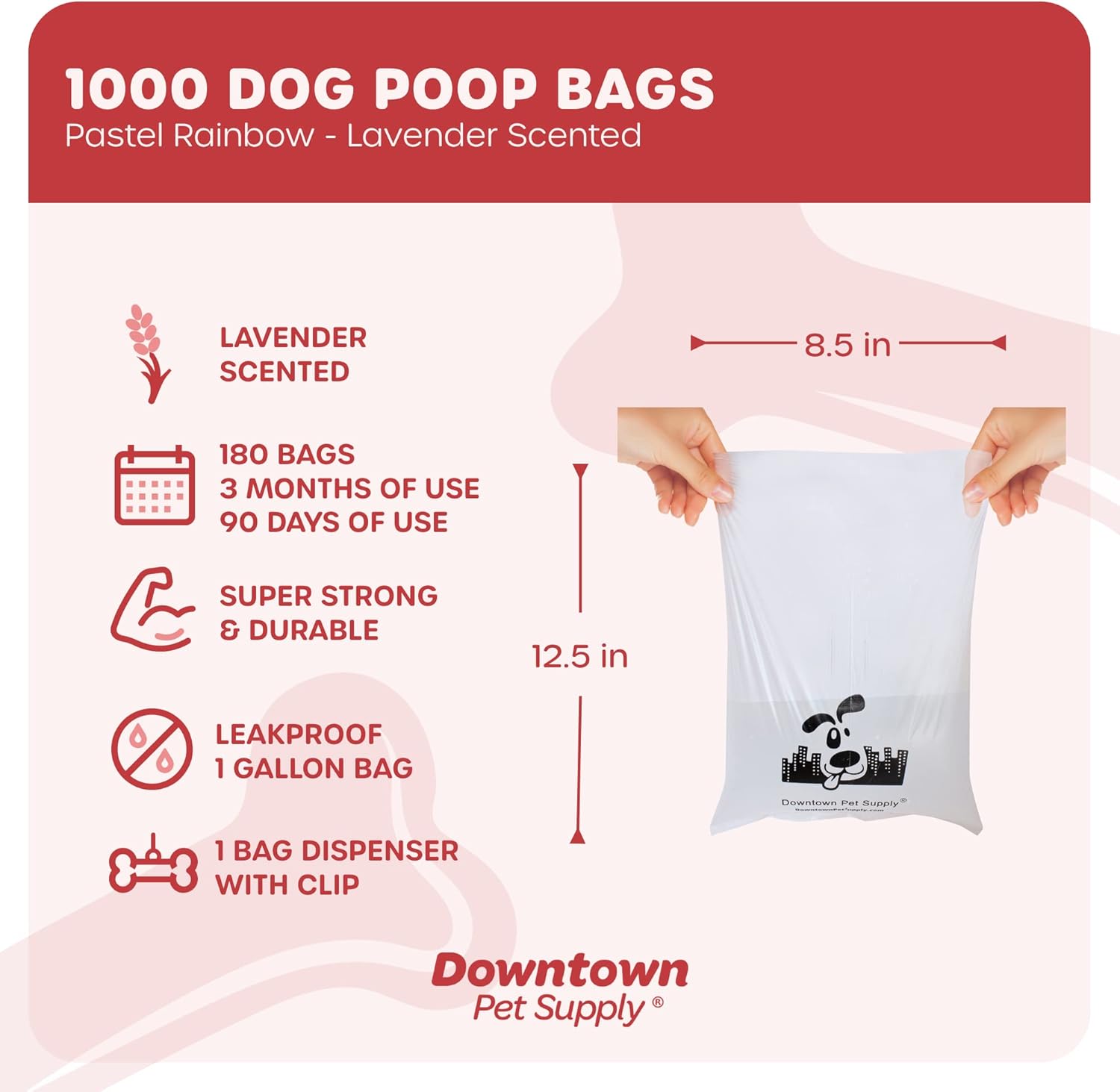 Downtown Pet Supply 1000 bolsas de basura perfumadas de lavanda para perros con dispensador de bolsas de excremento de perro, a prueba de fugas,