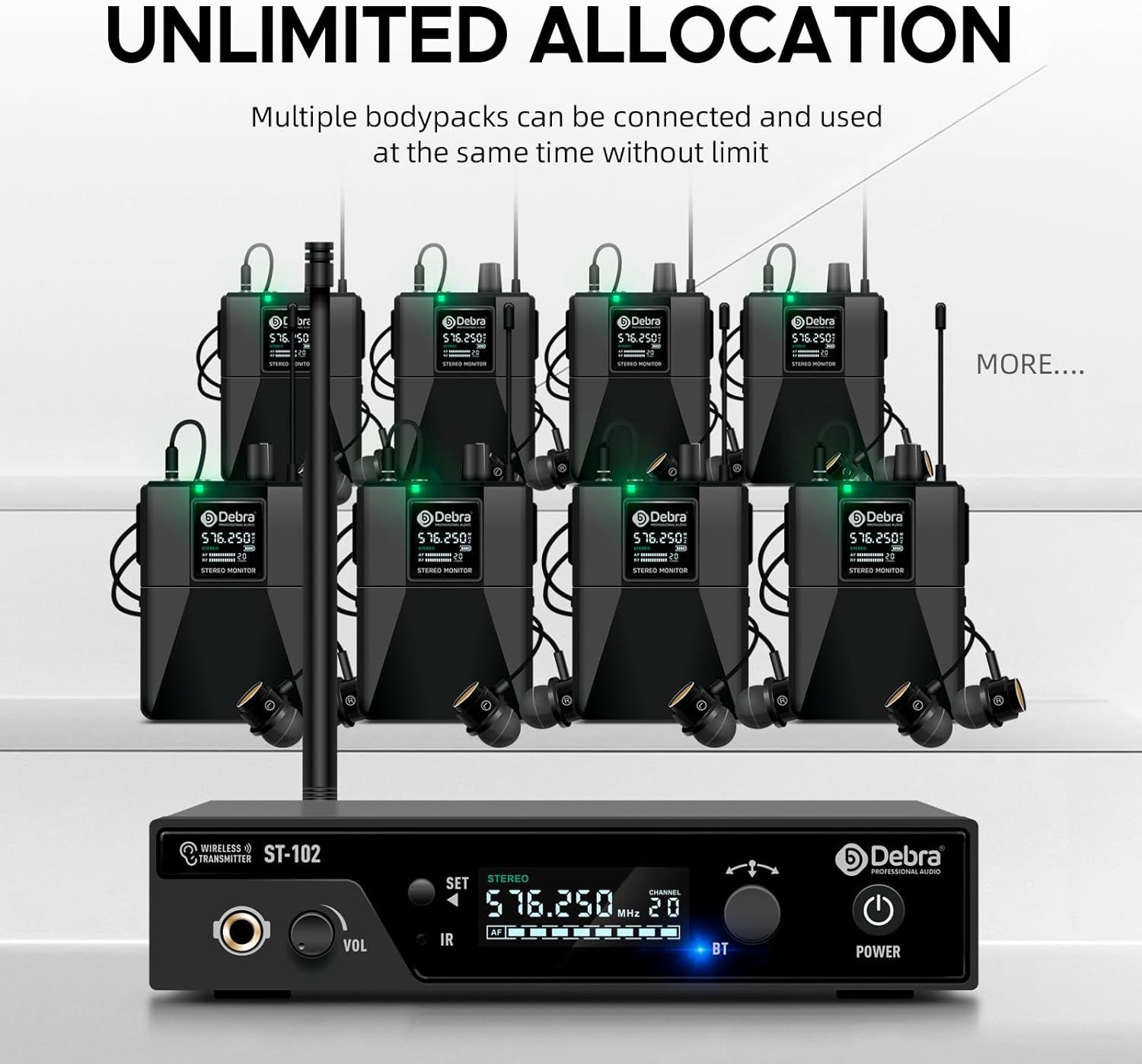 D Debra PRO ST-102 UHF – Sistema de monitor inalámbrico inalámbrico en oído, IEM inalámbrico con carrocerías y auriculares, transmisor y receptor de
