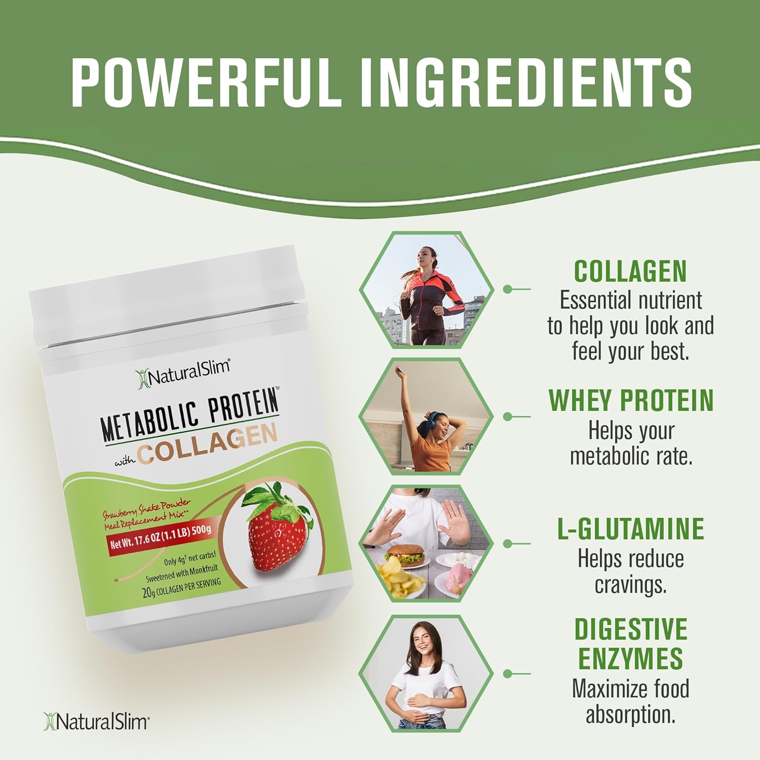 NaturalSlim Polvo de proteína metabólica con colágeno y fresa, polvo de proteína de colágeno hidrolizado para cabello, piel, hueso, articulaciones y
