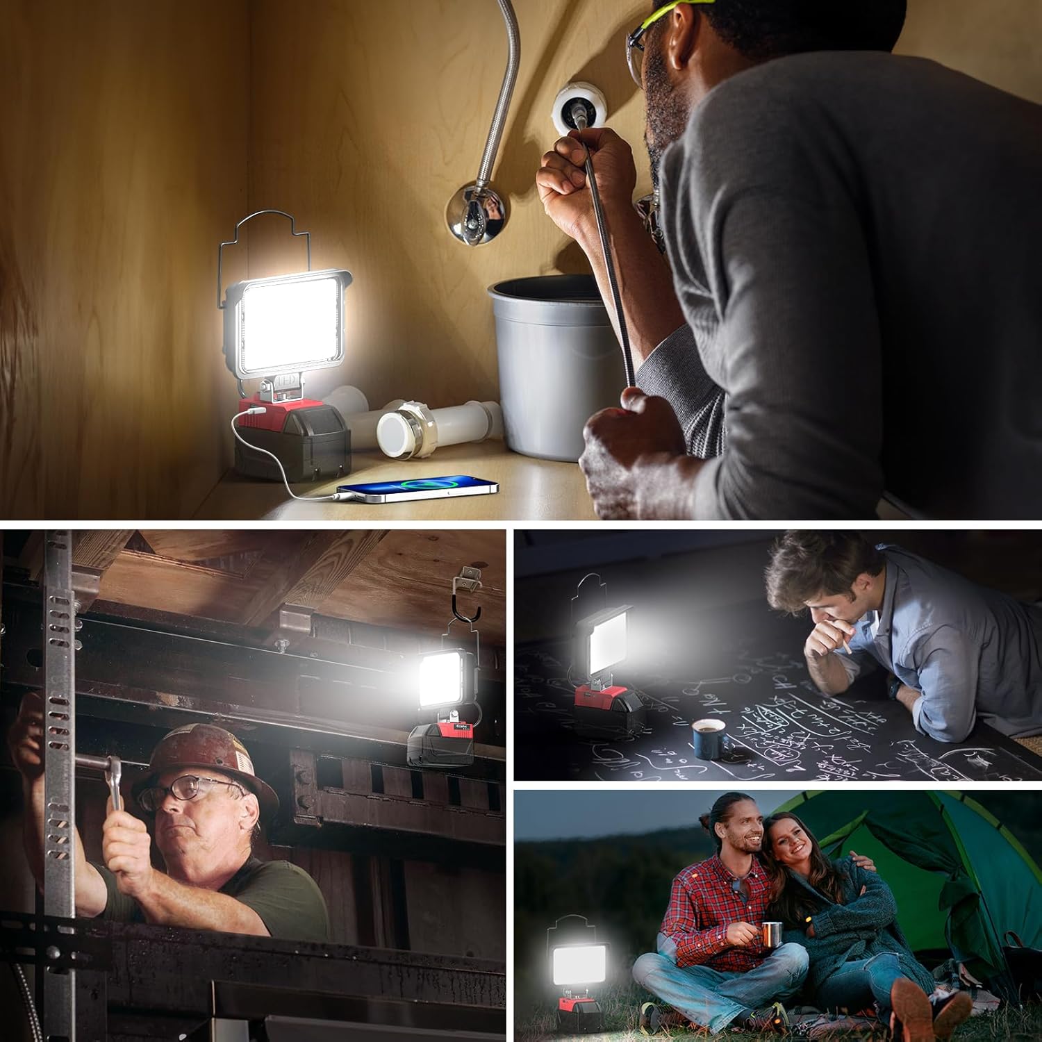 Ecarke Luz de trabajo LED portátil para batería Milwaukee m18 de 18 V, luz de inundación LED de 4800 lúmenes de brillo con puerto de carga USB y