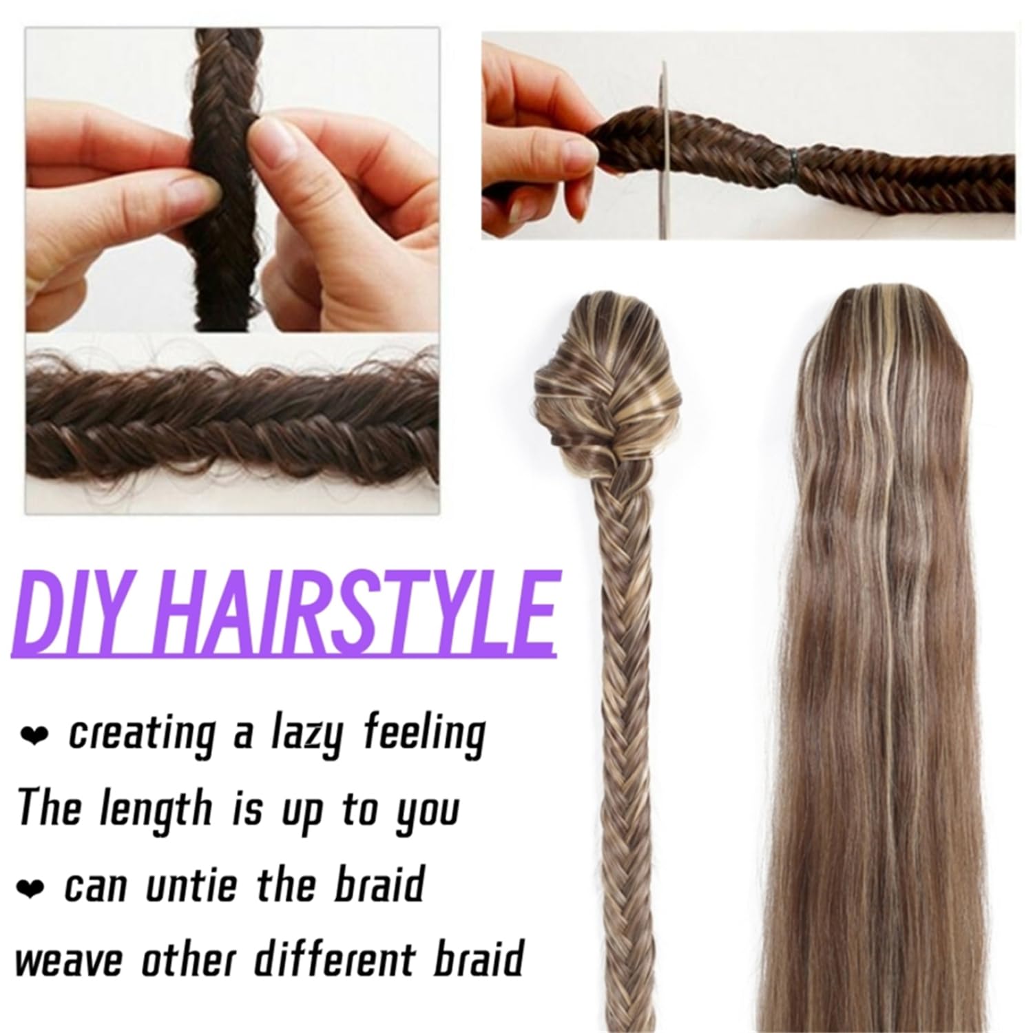Extensión de cola de caballo trenzada de 24 pulgadas de largo, extensión de cola de caballo trenzada con cordón, extensión de cabello sintético