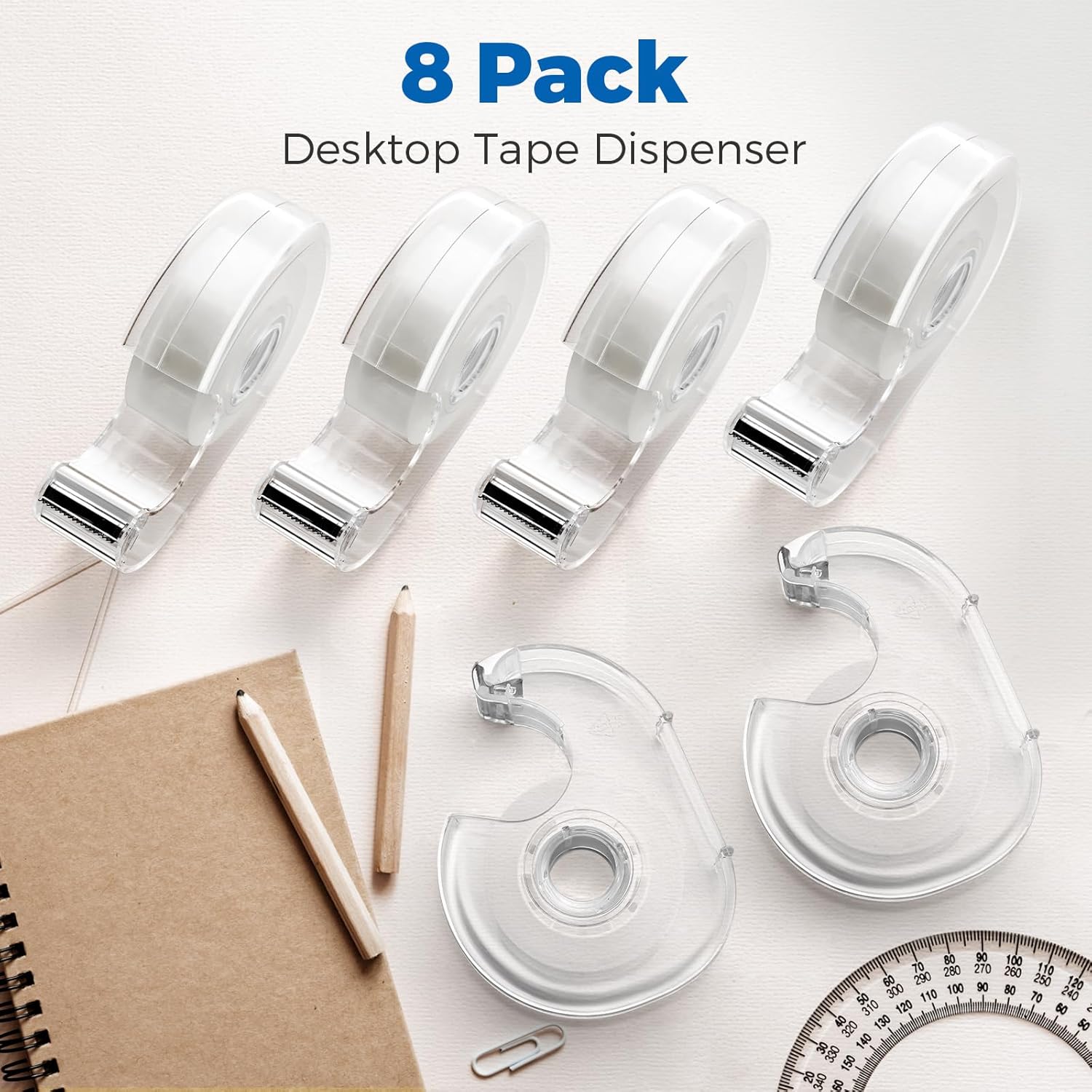 Cinta transparente con dispensador y recargas, uso para envolver regalos, hogar, escuela y oficina, 0.7 x 1000 pulgadas, paquete de 8