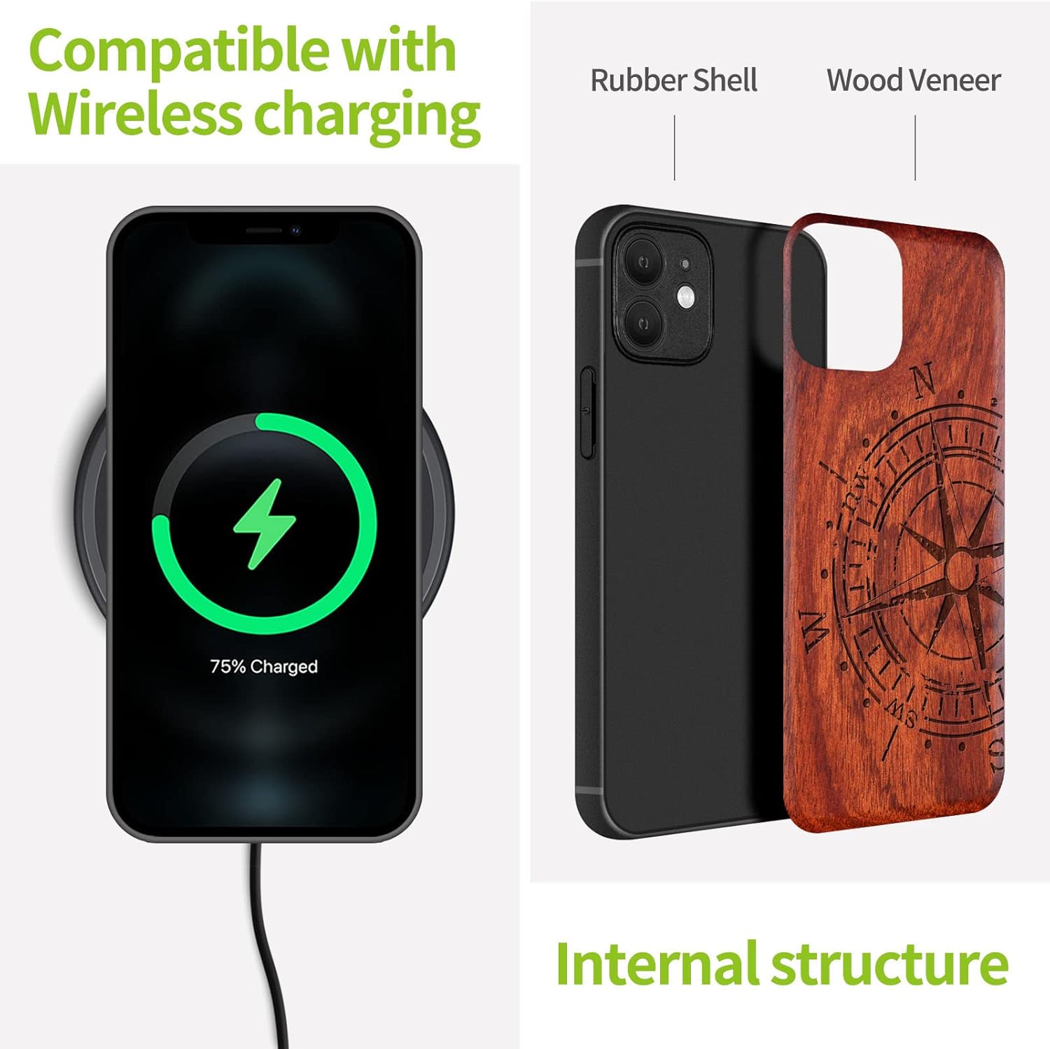 Carveit Funda magnética de madera para iPhone 12 madera natural y TPU suave negro a prueba de golpes, funda protectora única y elegante de madera