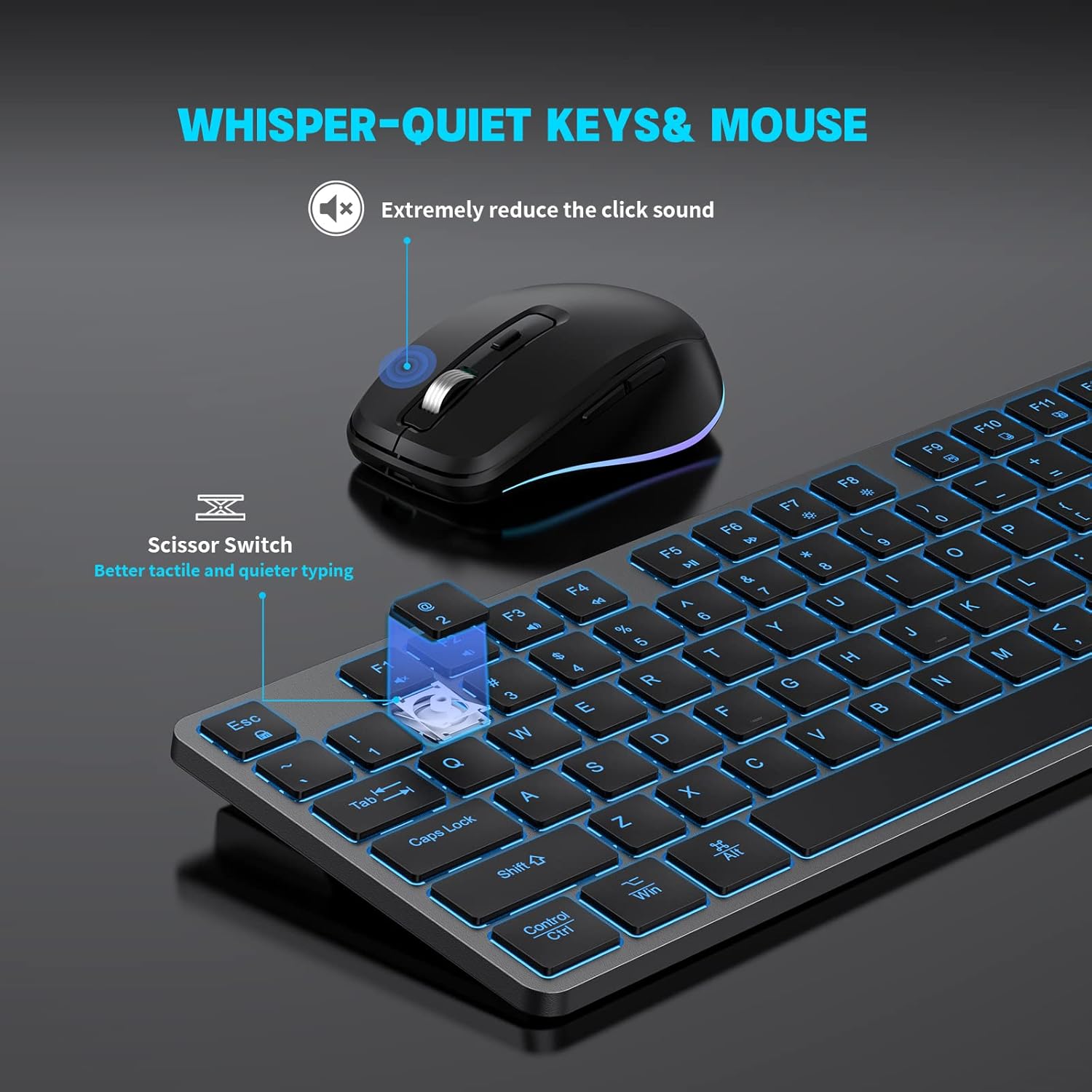 Teclado y mouse inalámbricos, combo de teclado inalámbrico recargable, Jiggle Mouse delgado, tamaño completo, silencioso, 7 colores, retroiluminado,