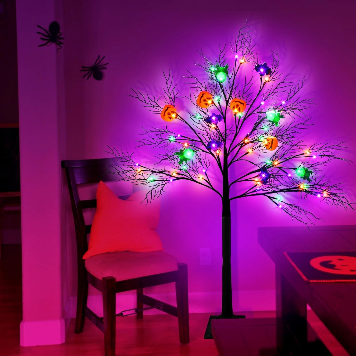 Decoración de árbol iluminado de Halloween de 4 pies, color naranja y morado con 8 modos, 56 LED con iluminación 3D, 12 calabazas, murciélagos y