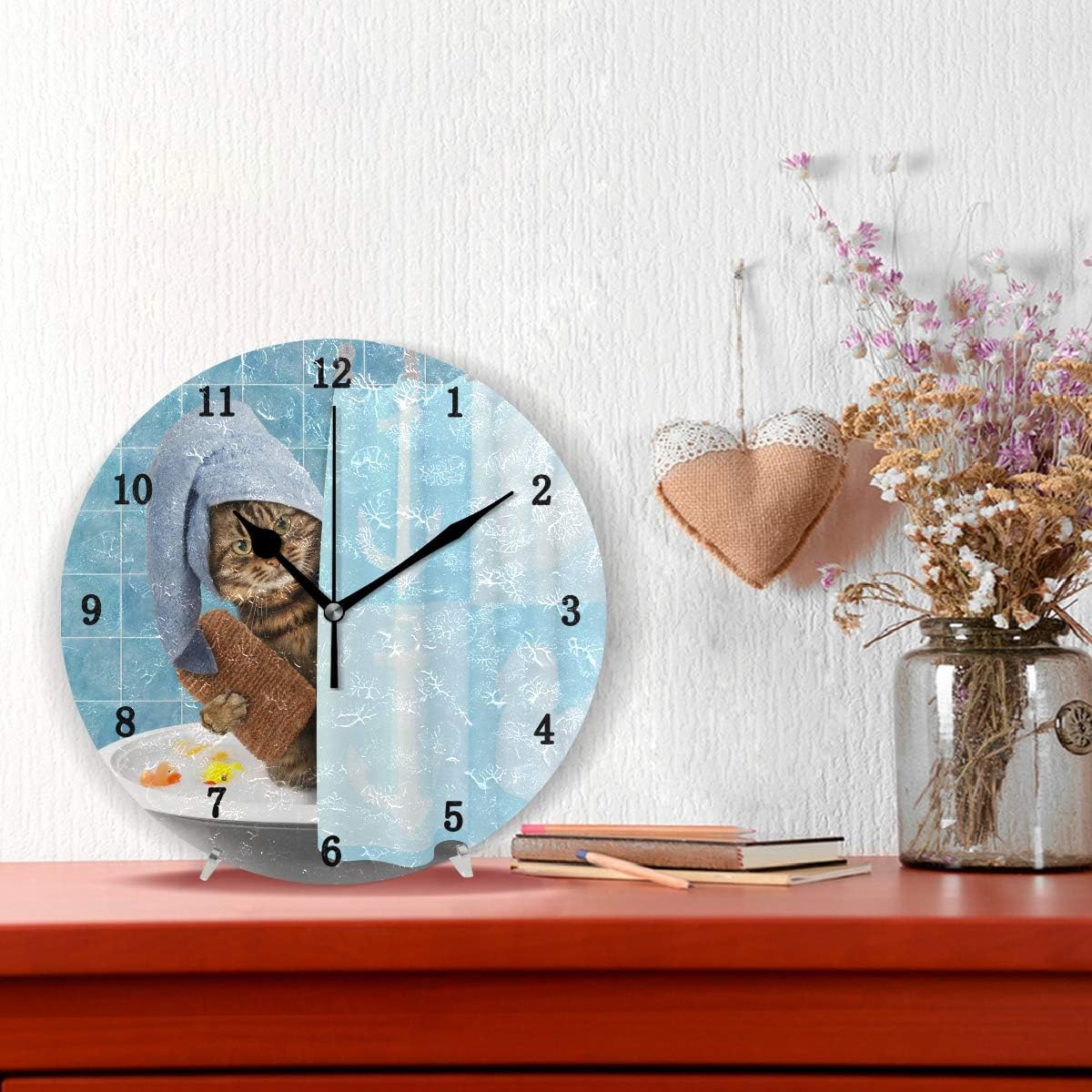 ZZKKO Reloj de pared con diseño de gato que toma un baño, silencioso sin tictac, funciona con pilas, fácil de leer, reloj de pared decorativo para