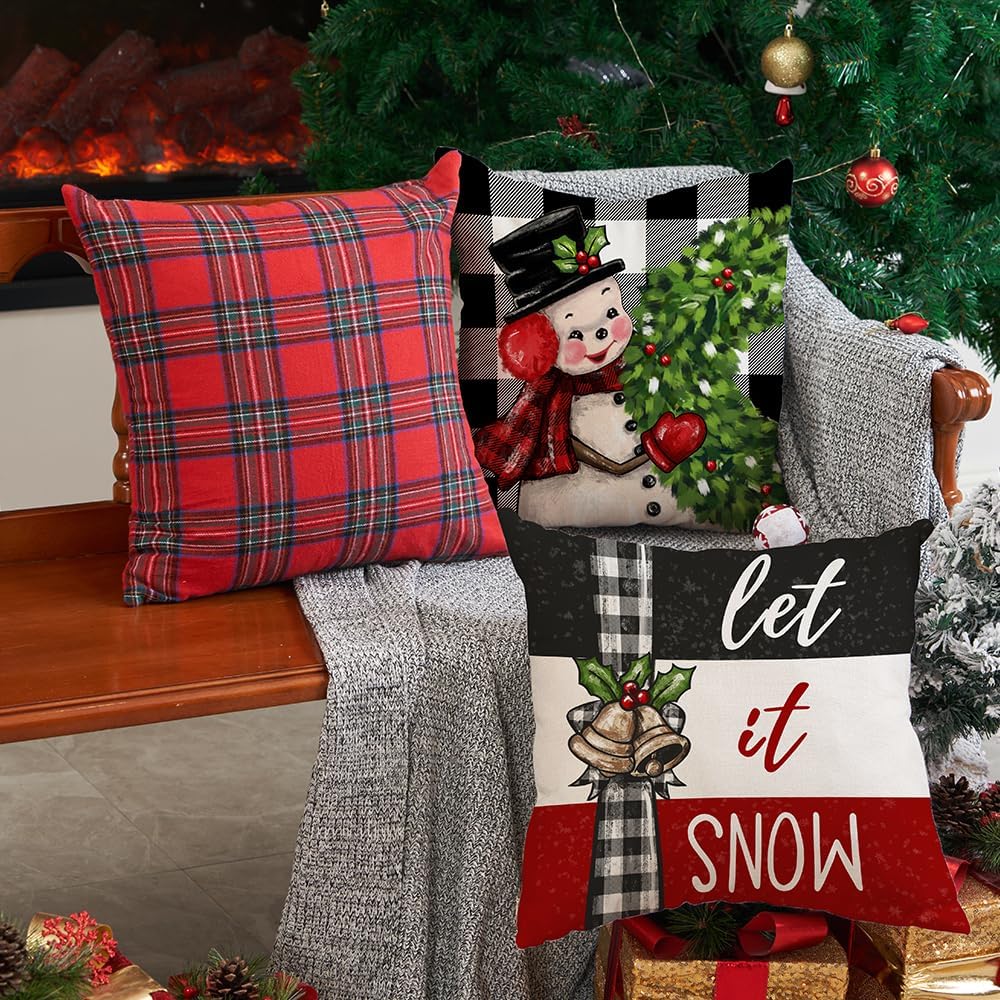 DFXSZ Juego de 4 fundas de almohada de Navidad de 18 x 18 pulgadas, diseño de muñeco de nieve, corona de árbol de Papá Noel, decoración de invierno