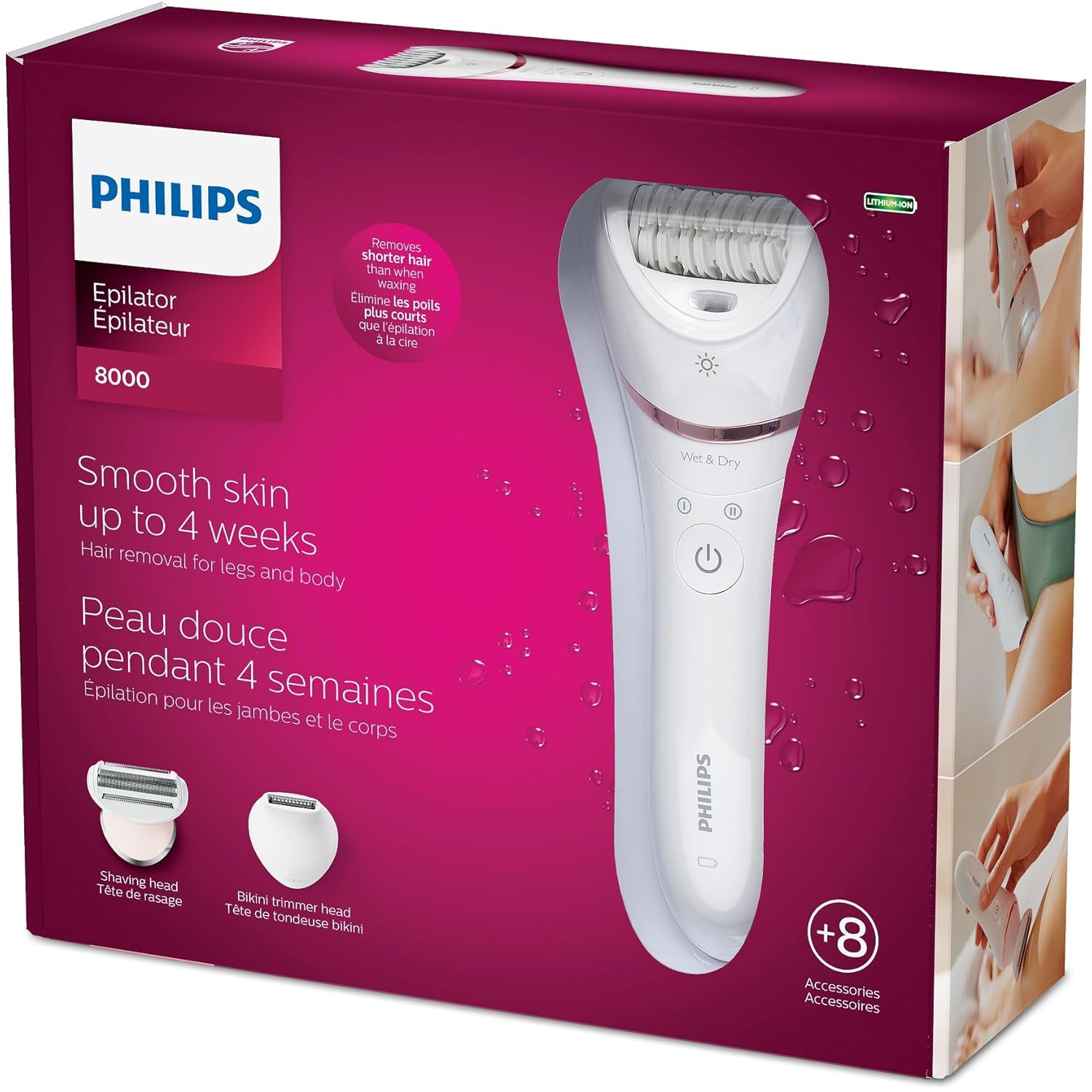 Philips Beauty Epilator Series 8000, Wet & Dry, afeitadora y recortadora 3 en 1 para mujer con 8 accesorios, BRE72014