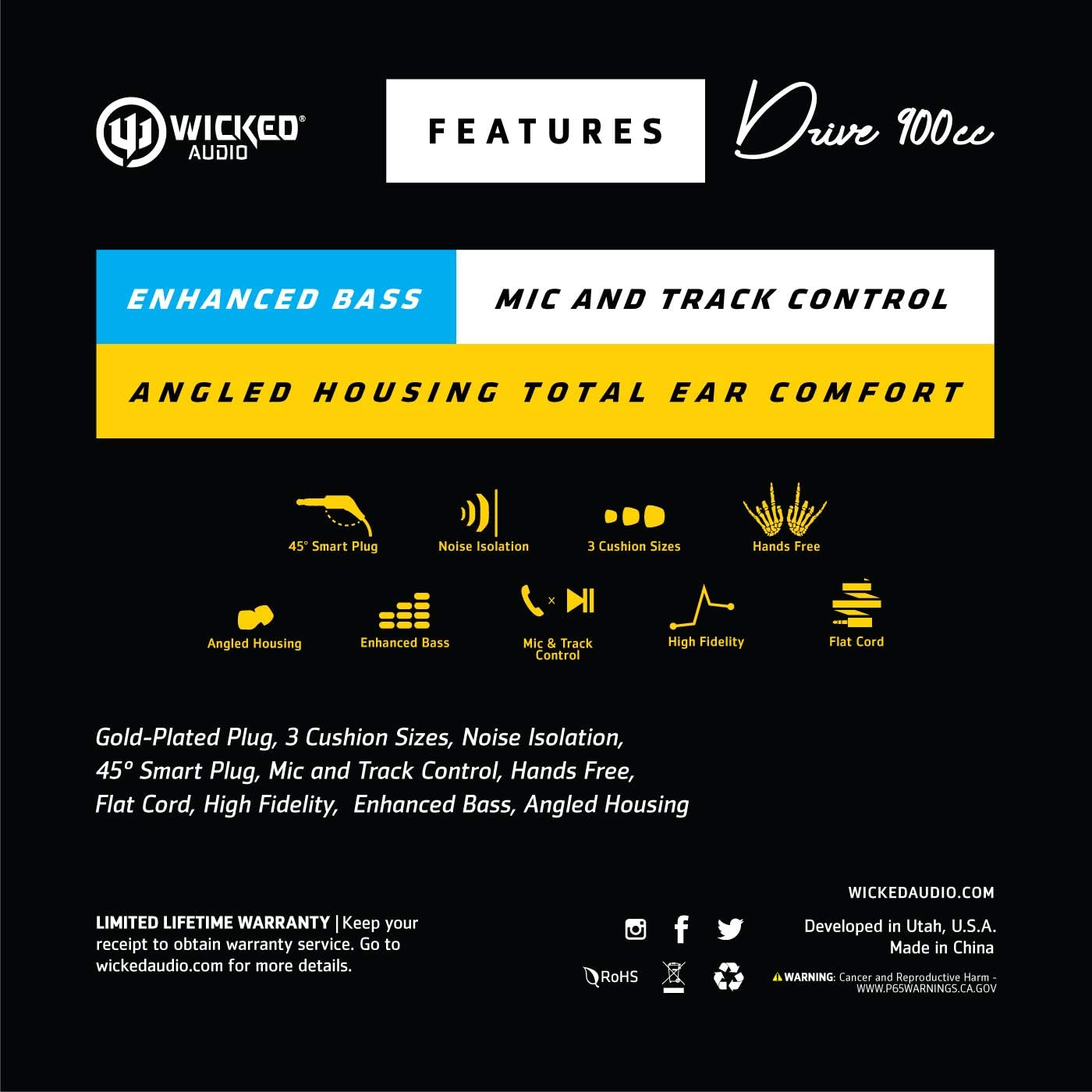 Wicked Audio Auriculares Drive de 900 cc con graves mejorados, (azul)