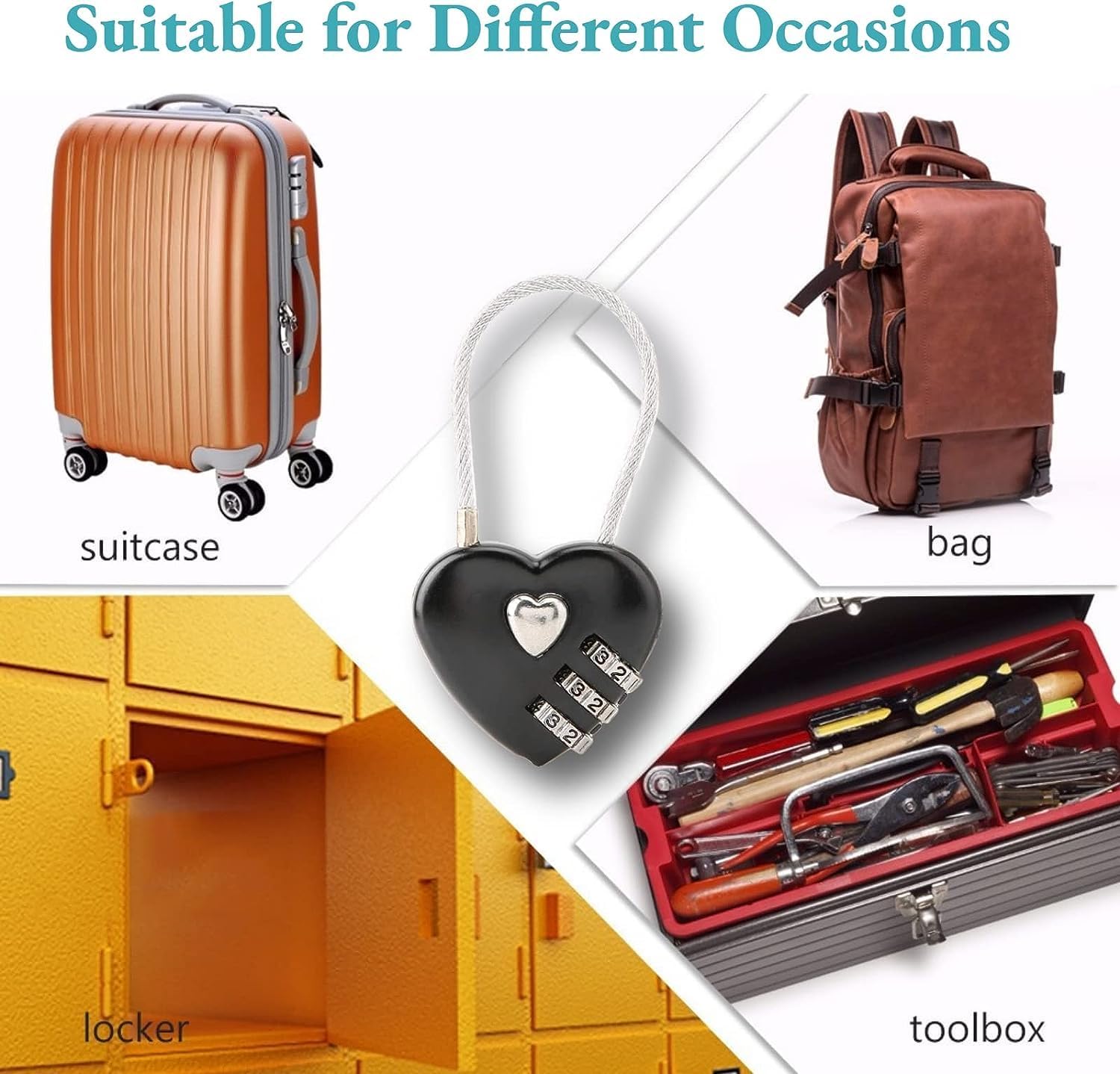 Cerradura de código en forma de corazón negro, tamaño mini compacto con combinación de código de 3 dígitos para equipaje, mochila, joyero, candados