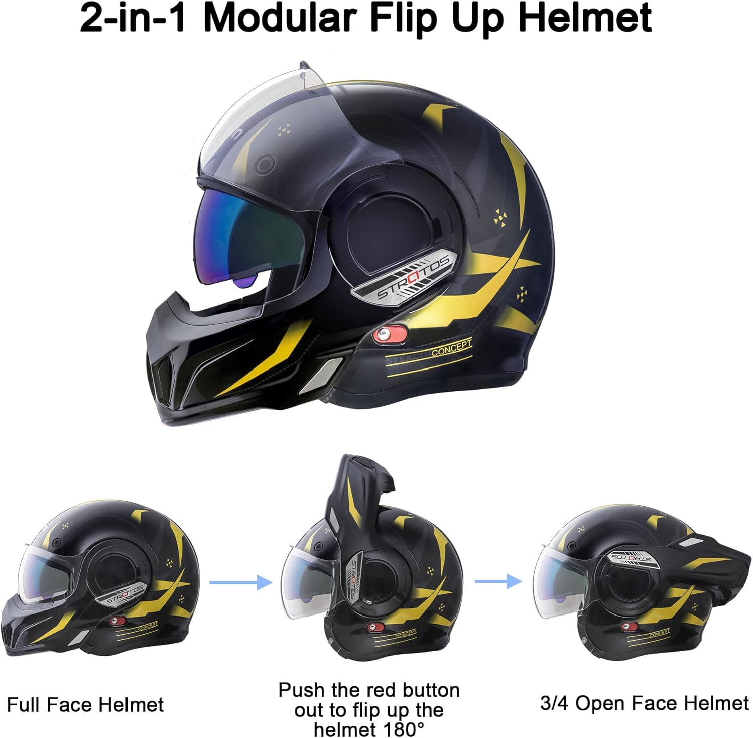 BEON Casco de motocicleta de cara completa, aprobado por DOT, protector de barbilla reversible de 180 con doble visera antivaho y ranuras para