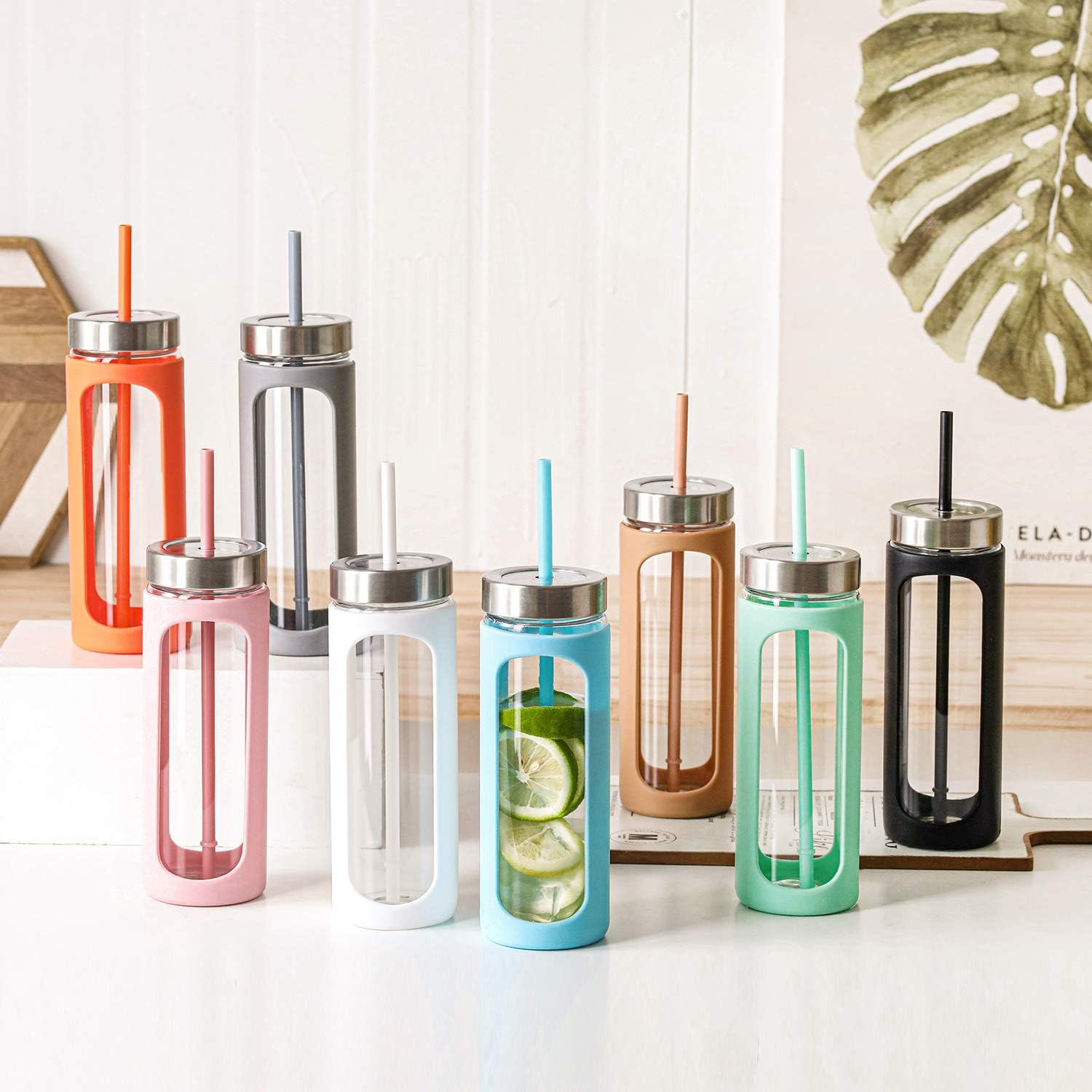 Kodrine Vaso de vidrio para agua de 24 onzas con popote y tapa, botella de agua de boca ancha, funda protectora de silicona con popote sin BPA,