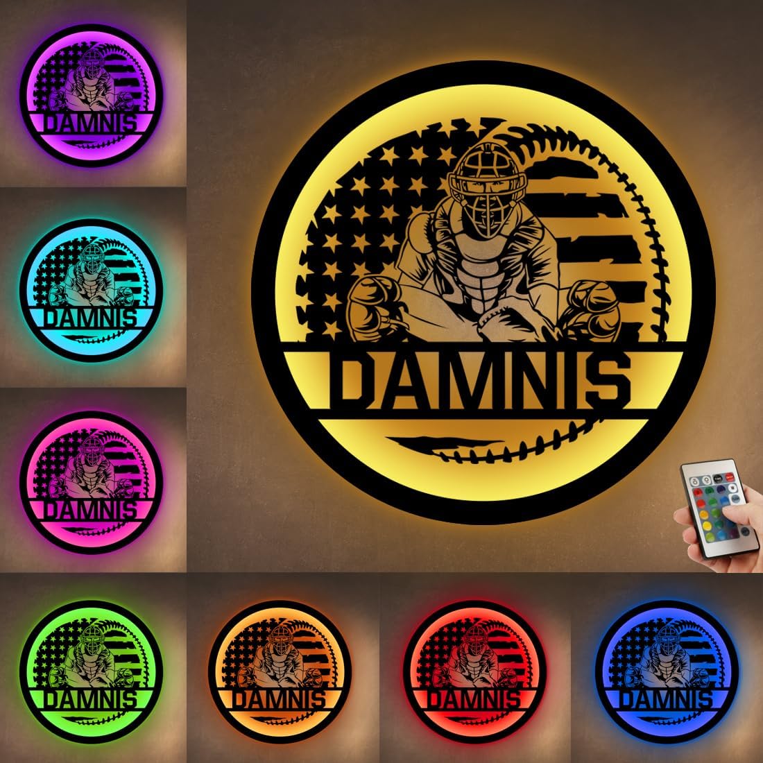 Letrero de metal personalizado para jugador de béisbol con luz LED, nombre y número personalizado, arte de pared de béisbol, letrero de neón con