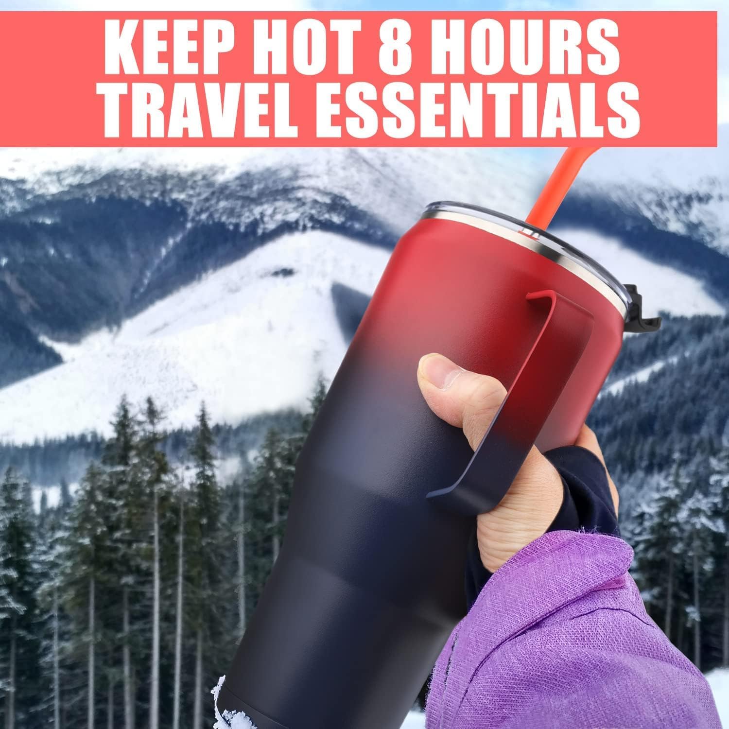 Deitybless Vaso de 30 onzas con tapa de asa y popote, vasos delgados aislados al vacío de doble pared de acero inoxidable, taza de viaje al vacío,