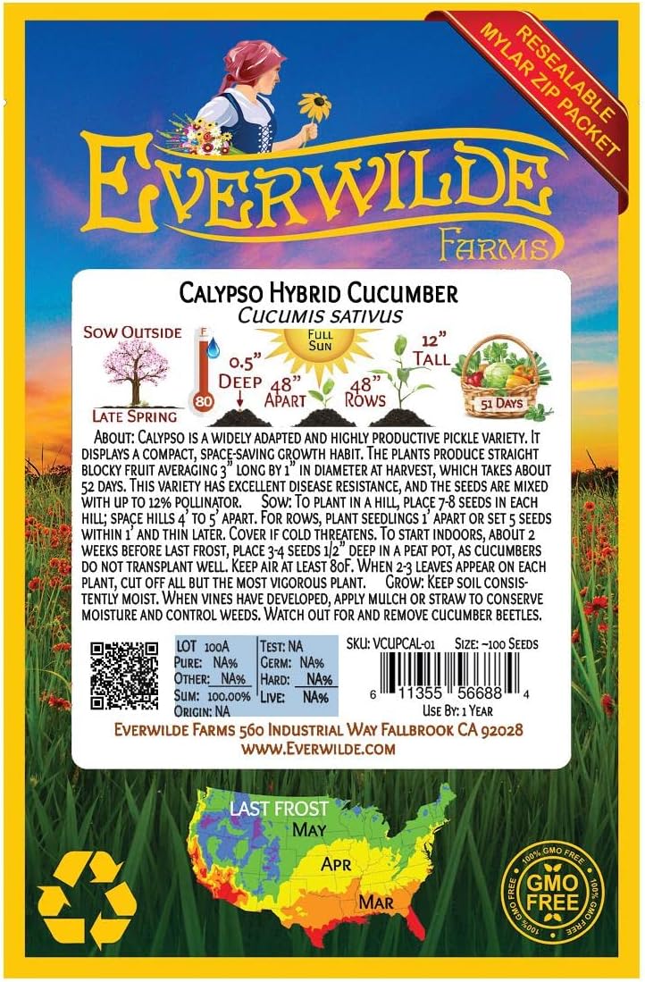 Everwilde Farms – 100 semillas de pepino híbrido Calypso – Paquete de semillas jumbo Gold Vault