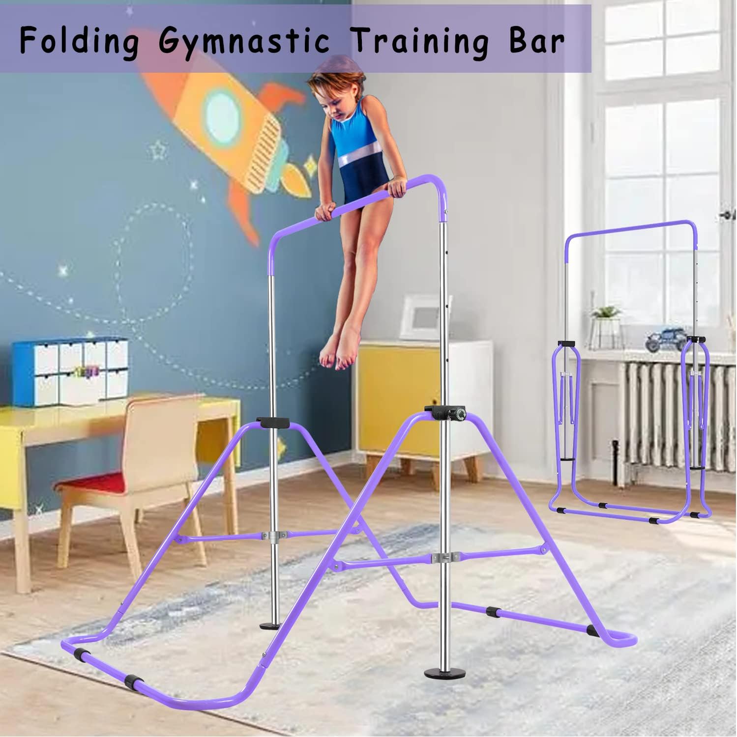 Bighaki808 Barras de gimnasia para niños con anillos, barras horizontales plegables con altura ajustable, equipo de gimnasia expandible, barra de